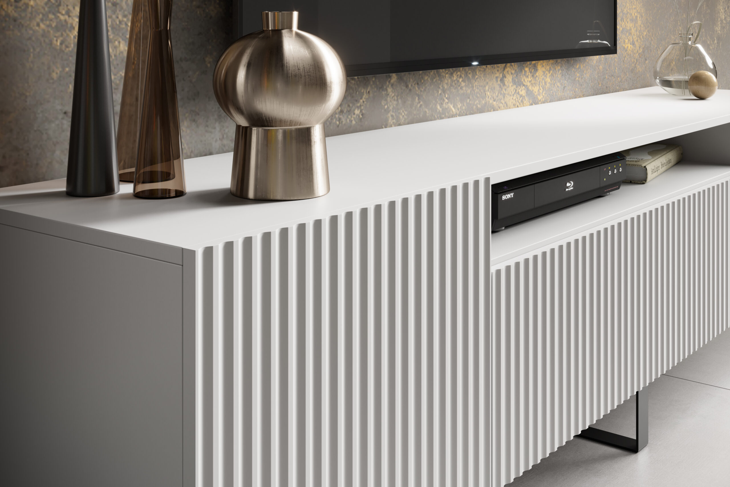 TV szekrény fehér bordázott előlapos, modern média állvány nyitott polccal