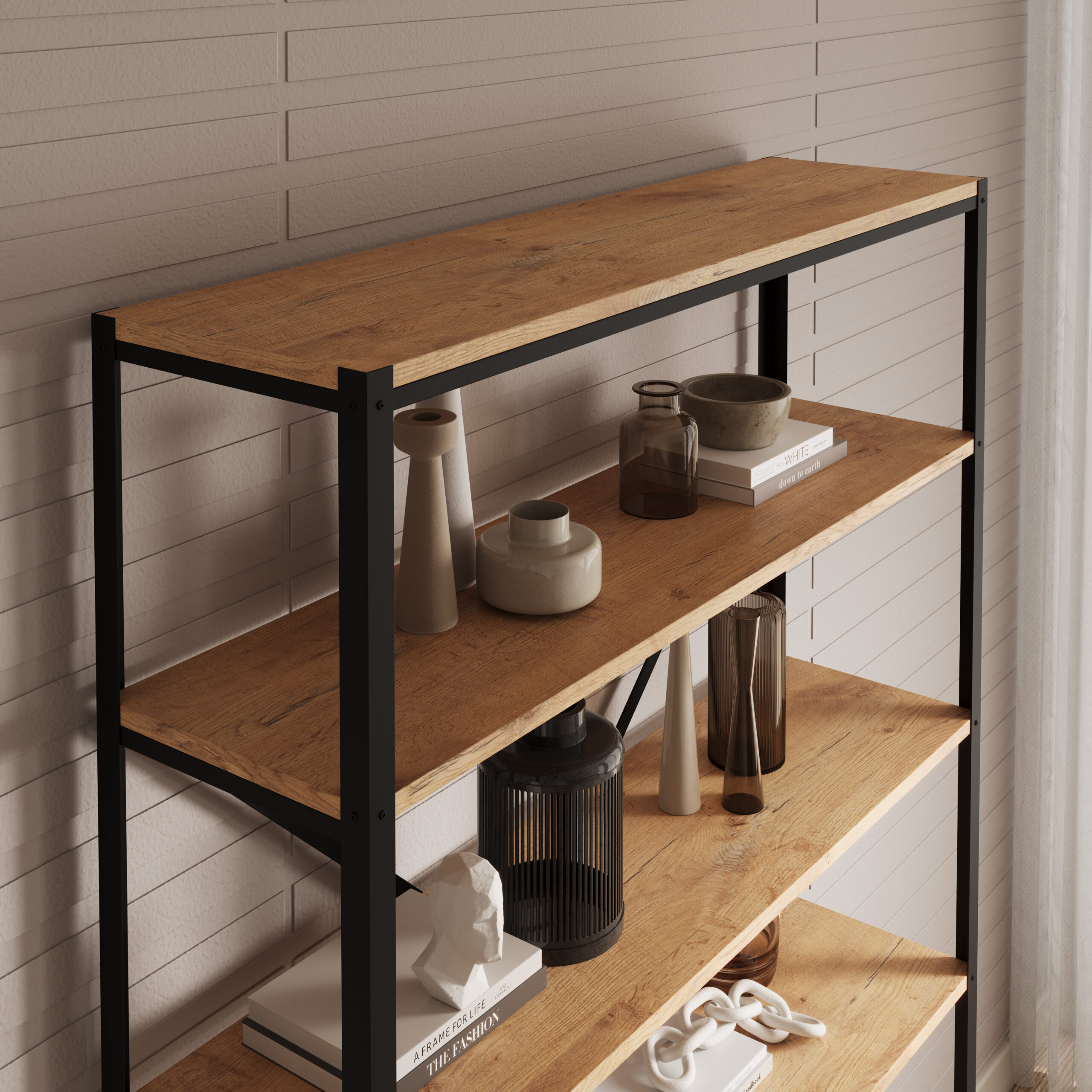 Könyvespolc – fekete fémvázas, fa polcos nyitott tároló állvány