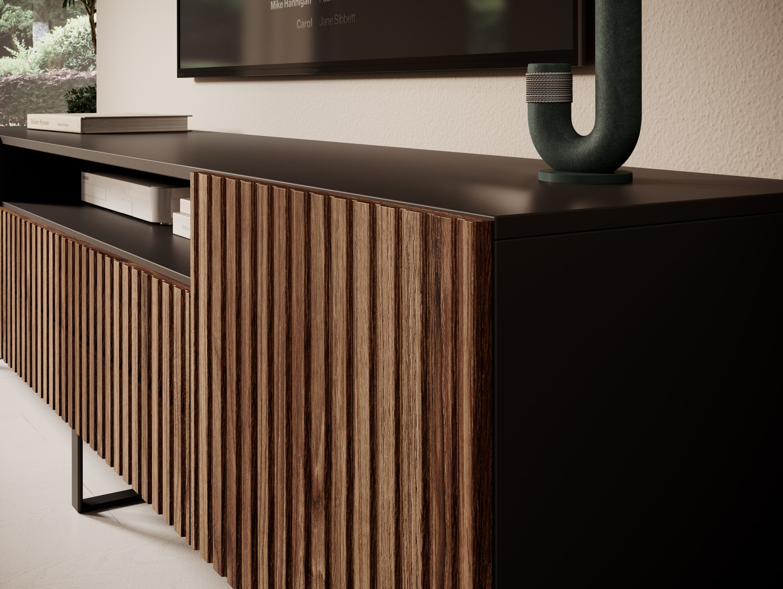 Média állvány fekete tetőlappal és dió bordázott ajtóval, modern TV szekrény