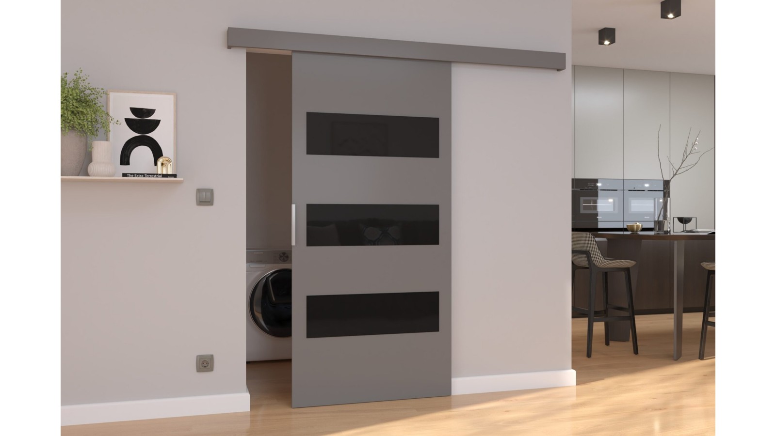 Modern függő tolóajtó sötétszürke színben, üveg betétekkel, lakótér és háztartási helyiség elválasztására