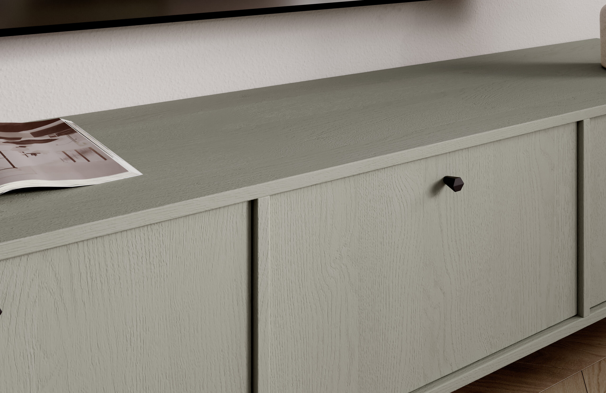 TV állvány szürkészöld faerezetes felülettel, alacsony komód ajtós kialakítással