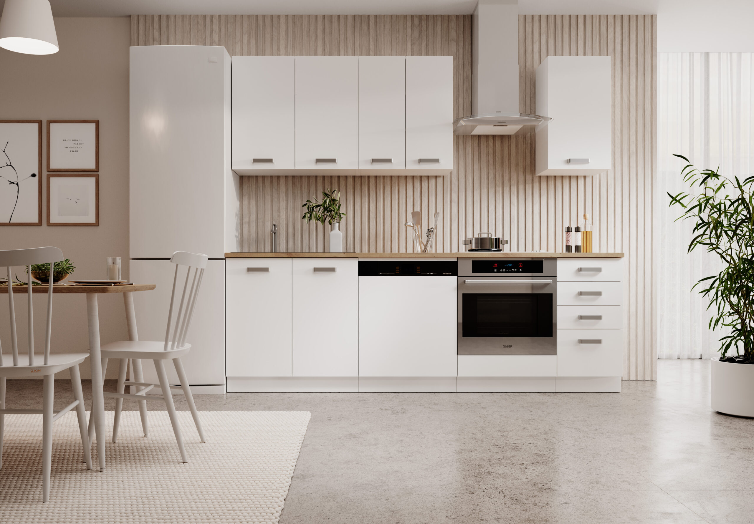 letisztult fehér konyhabútor fa munkalappal, beépített sütővel és páraelszívóval