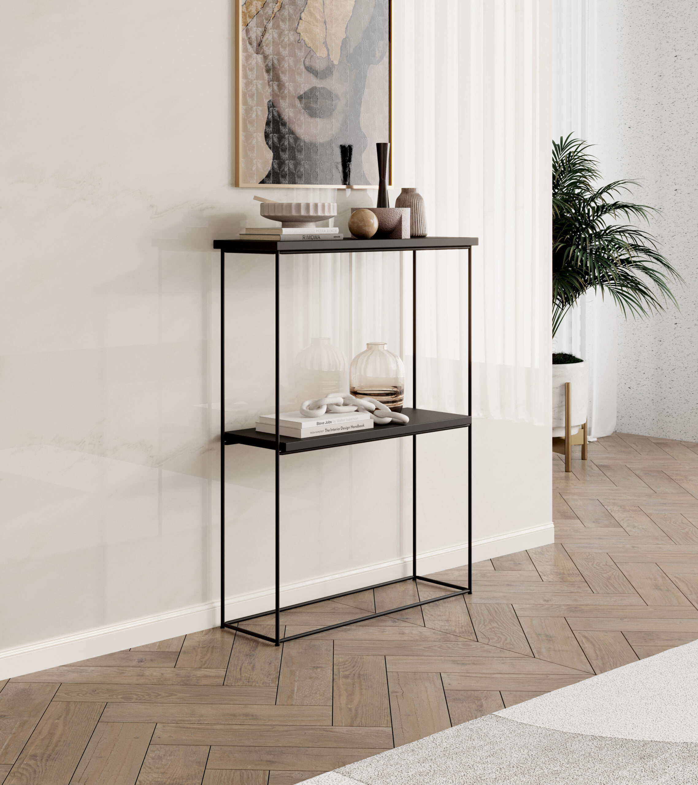 konzol asztalka fekete fém vázzal és két fekete polccal, elegáns nappali enteriőrben dekor kiegészítőkkel