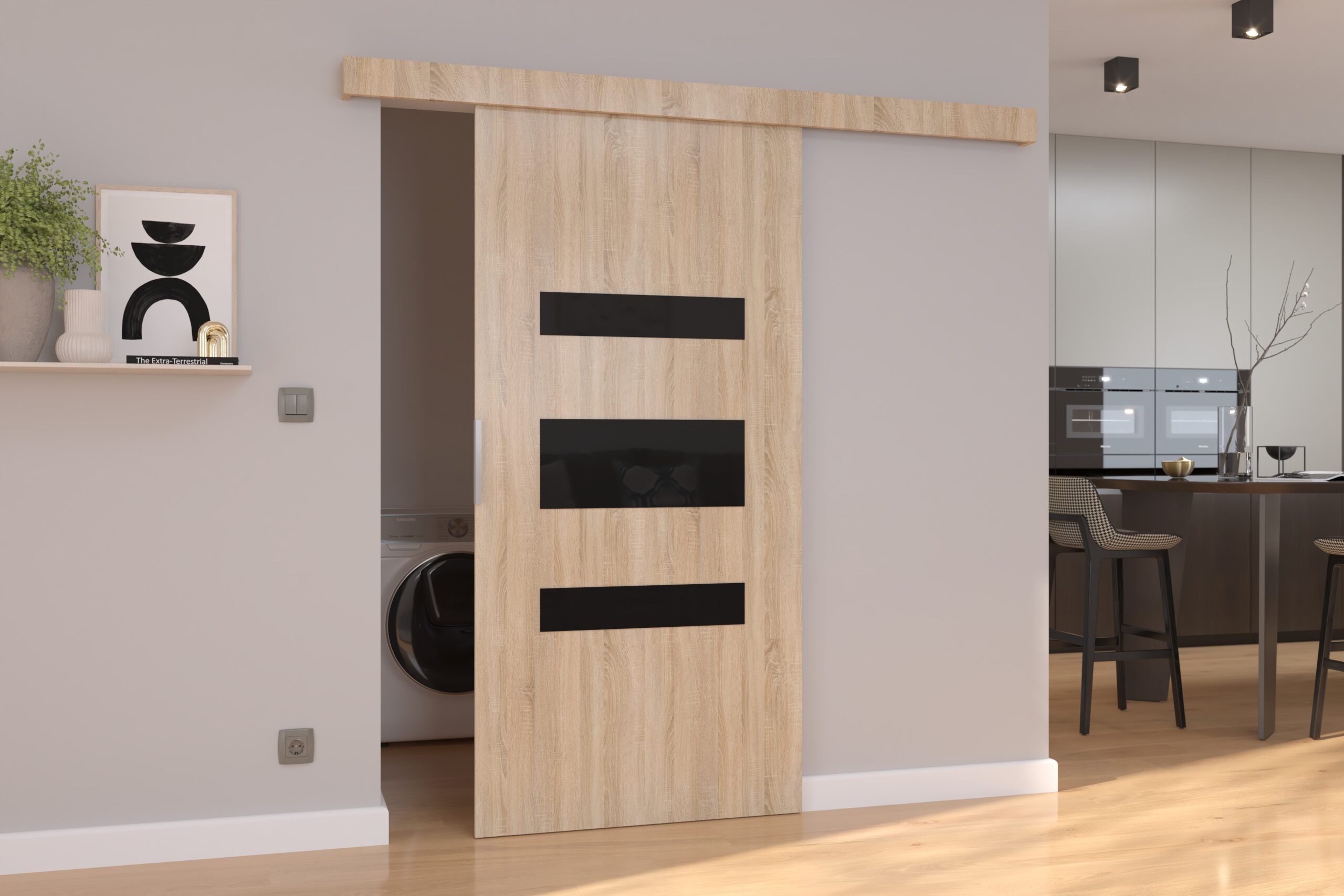 Tolóajtó világos tölgy színben, fekete vízszintes betétekkel és fa felső sínnel