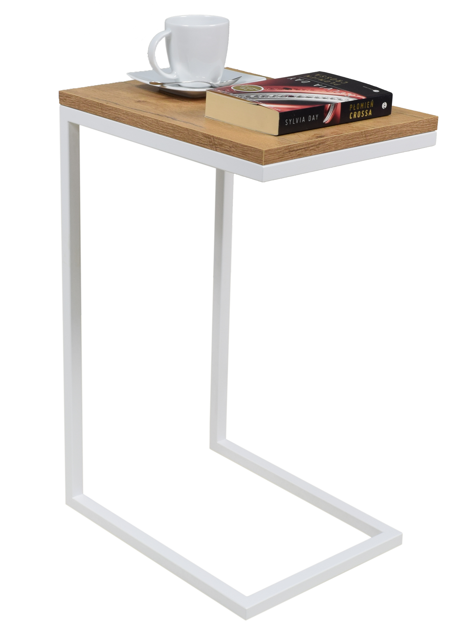 C-alakú laptop asztal fehér fém kerettel és fa asztallappal, termékfotó