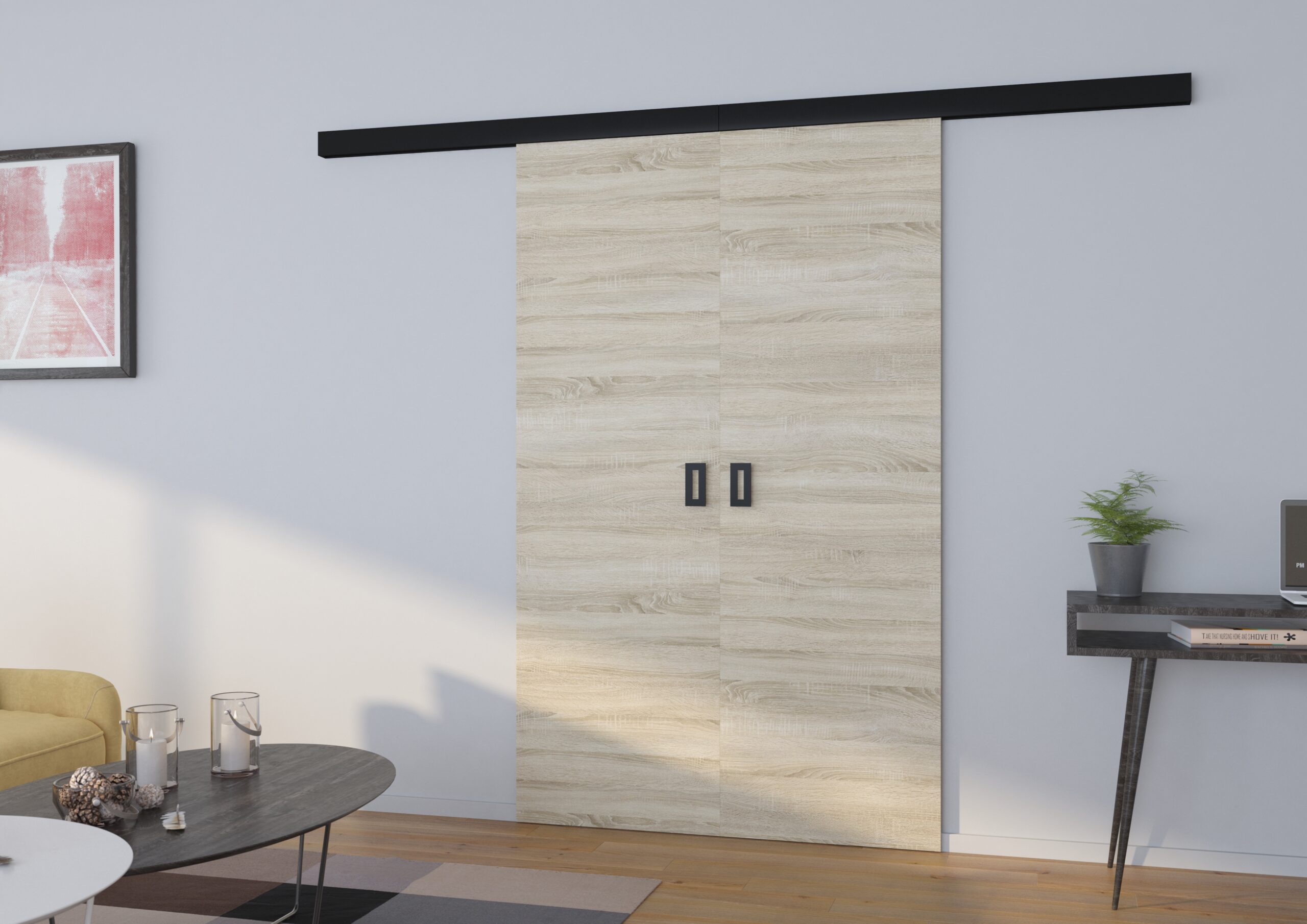 Tolóajtó világos tölgy hatású fal előtt, fekete sínrendszerrel és fekete fogantyúkkal