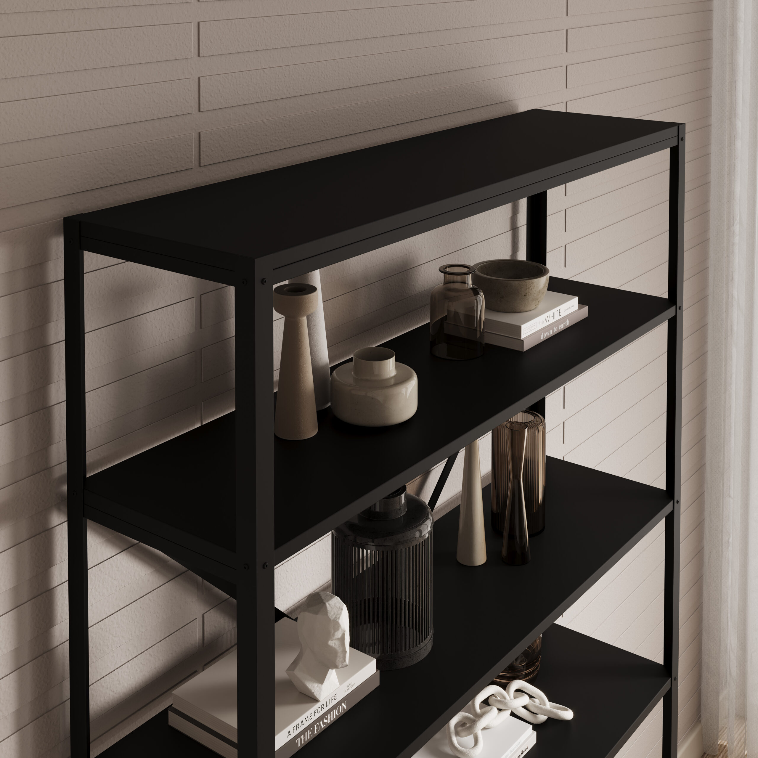 Könyvespolc – fekete, többpolcos fém állvány modern dekorációval