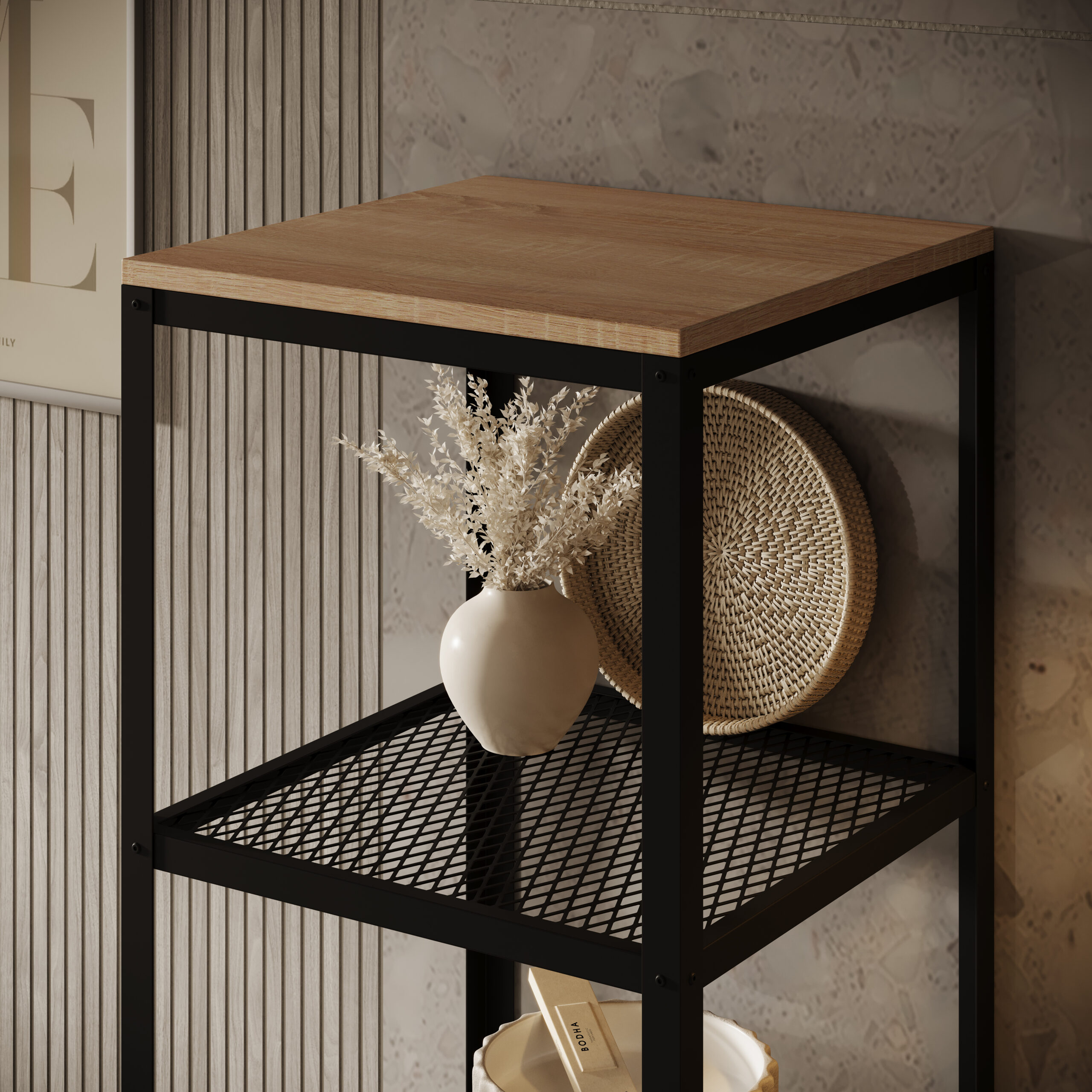 Könyvespolc – fekete fémvázas, fa tetőlapos polcos állvány rácsos polccal