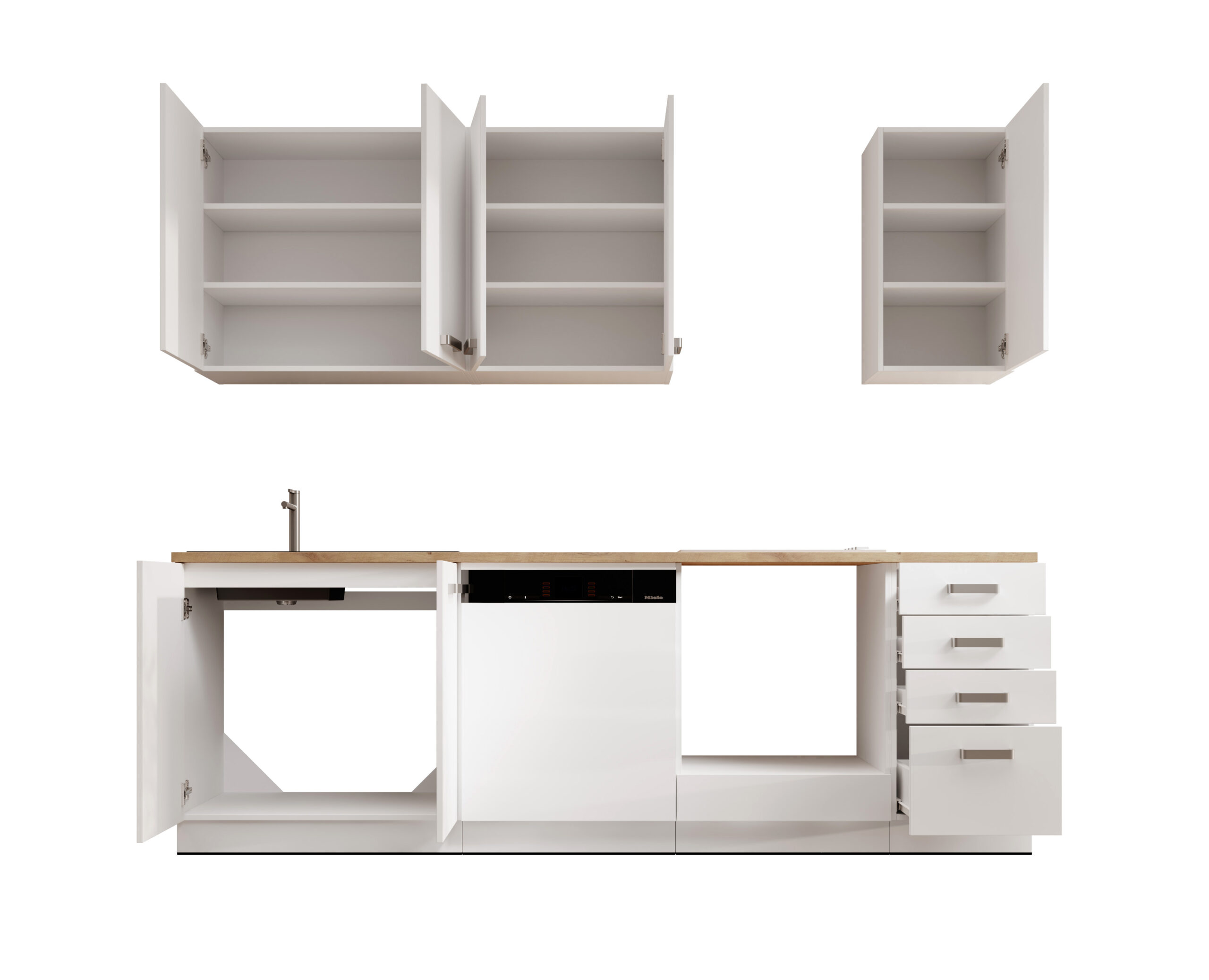 fehér konyhabútor alsó szekrénysor nyitott ajtókkal – fiókos elem és munkalap