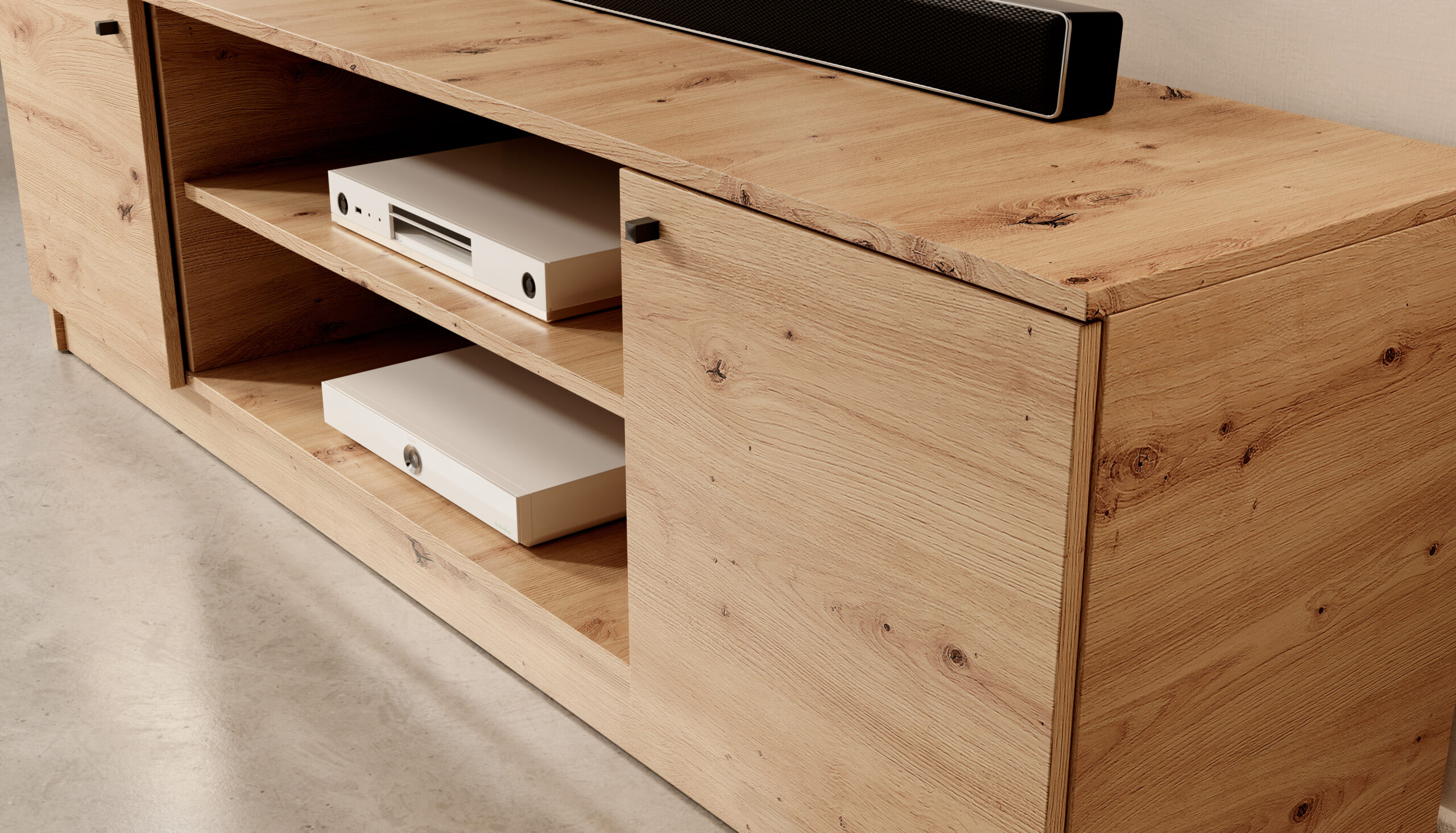 Alacsony komód rusztikus tölgy kivitelben, TV állvány nyitott polcos tárolással