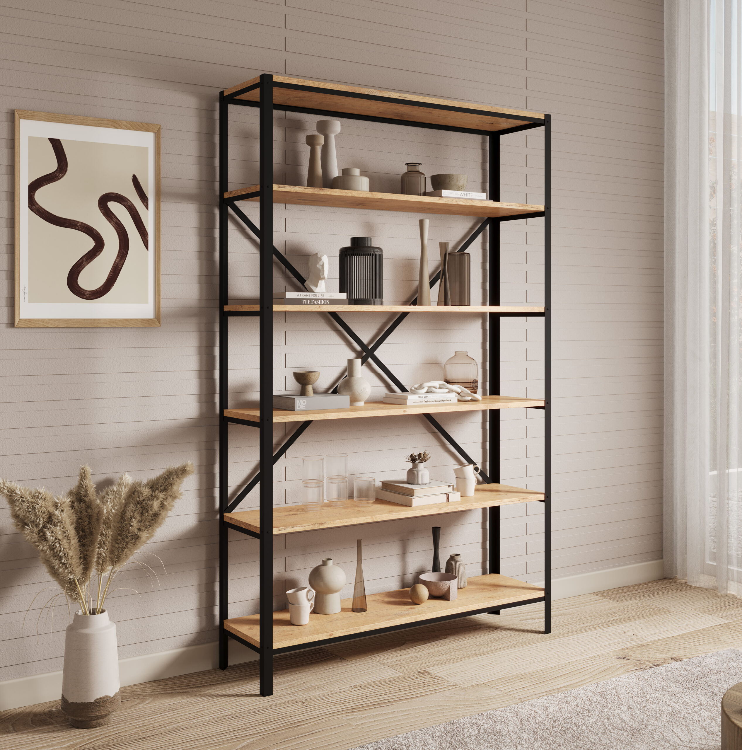 Könyvespolc – nagy méretű, fekete fémvázas nyitott állvány fa polcokkal
