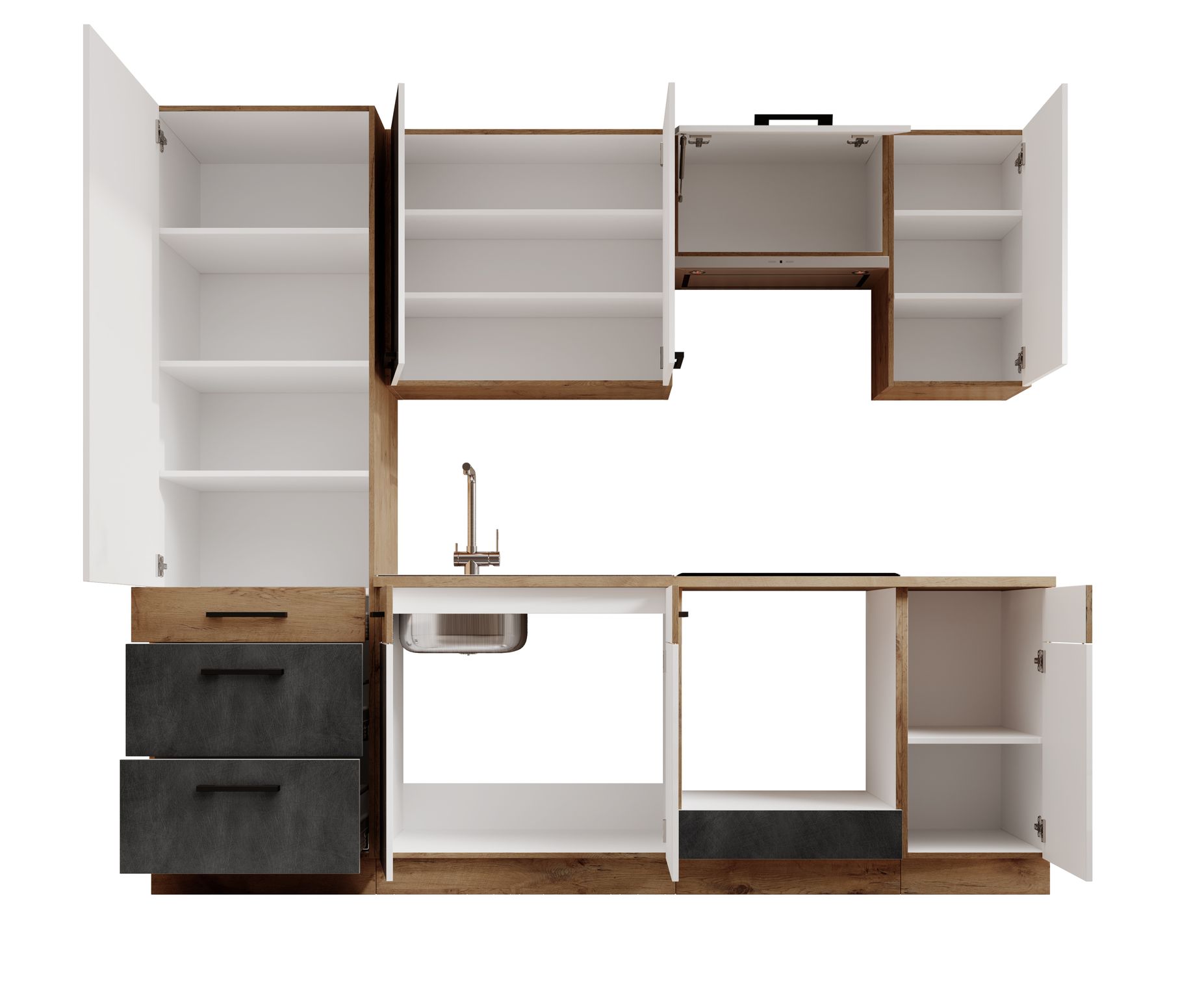 konyhabútor modulok nyitott ajtókkal – fekete front és fa dekor, belső polcok