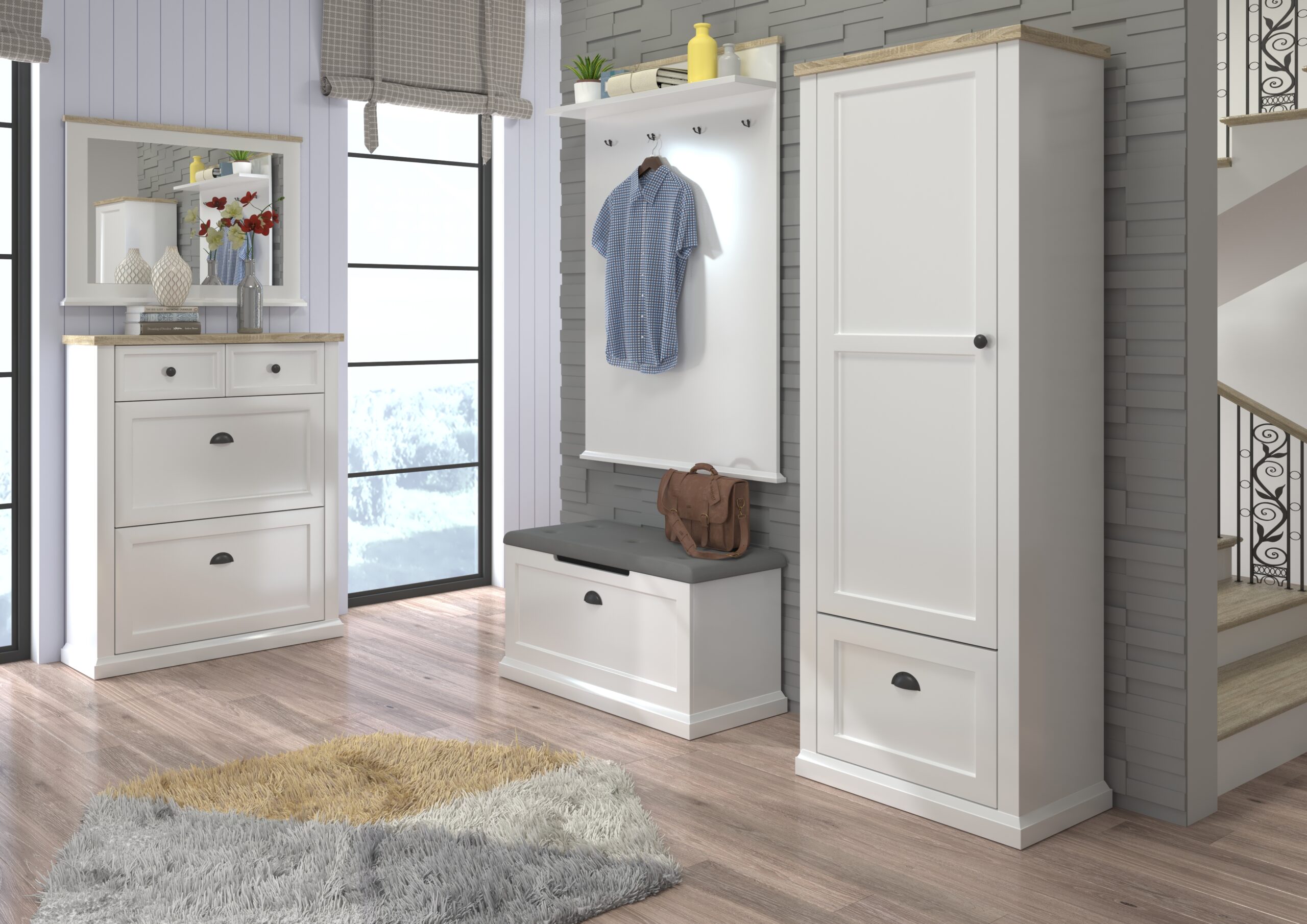 Fehér előszoba bútor tükör és fogas panellel, cipősszekrénnyel, paddal és gardróbszekrénnyel