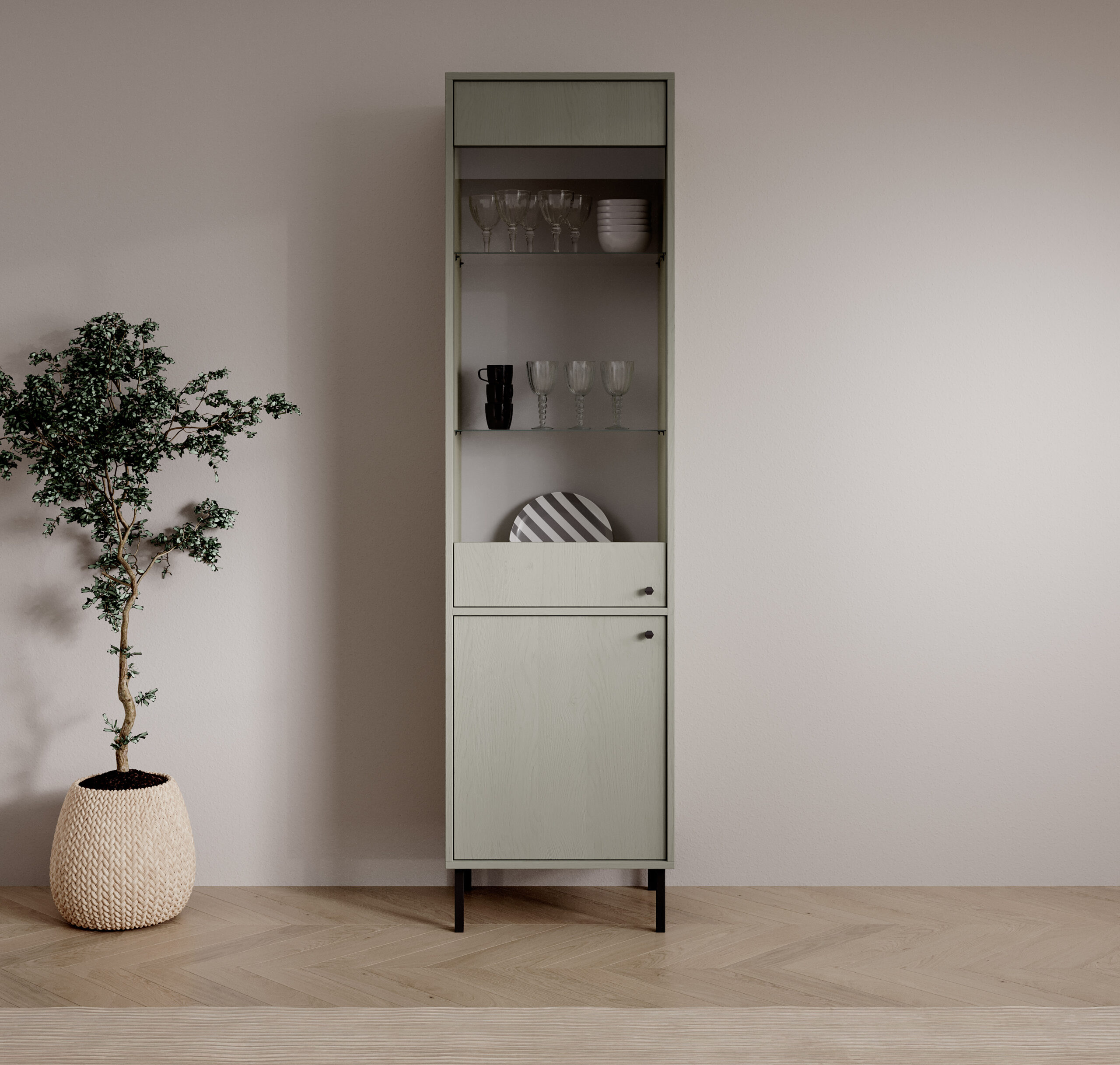 Alacsony JANEZ Vitrines szekrény - Artisan Vitrines szekrény keskeny, magas kivitelben, zöld színben, üveges felső résszel