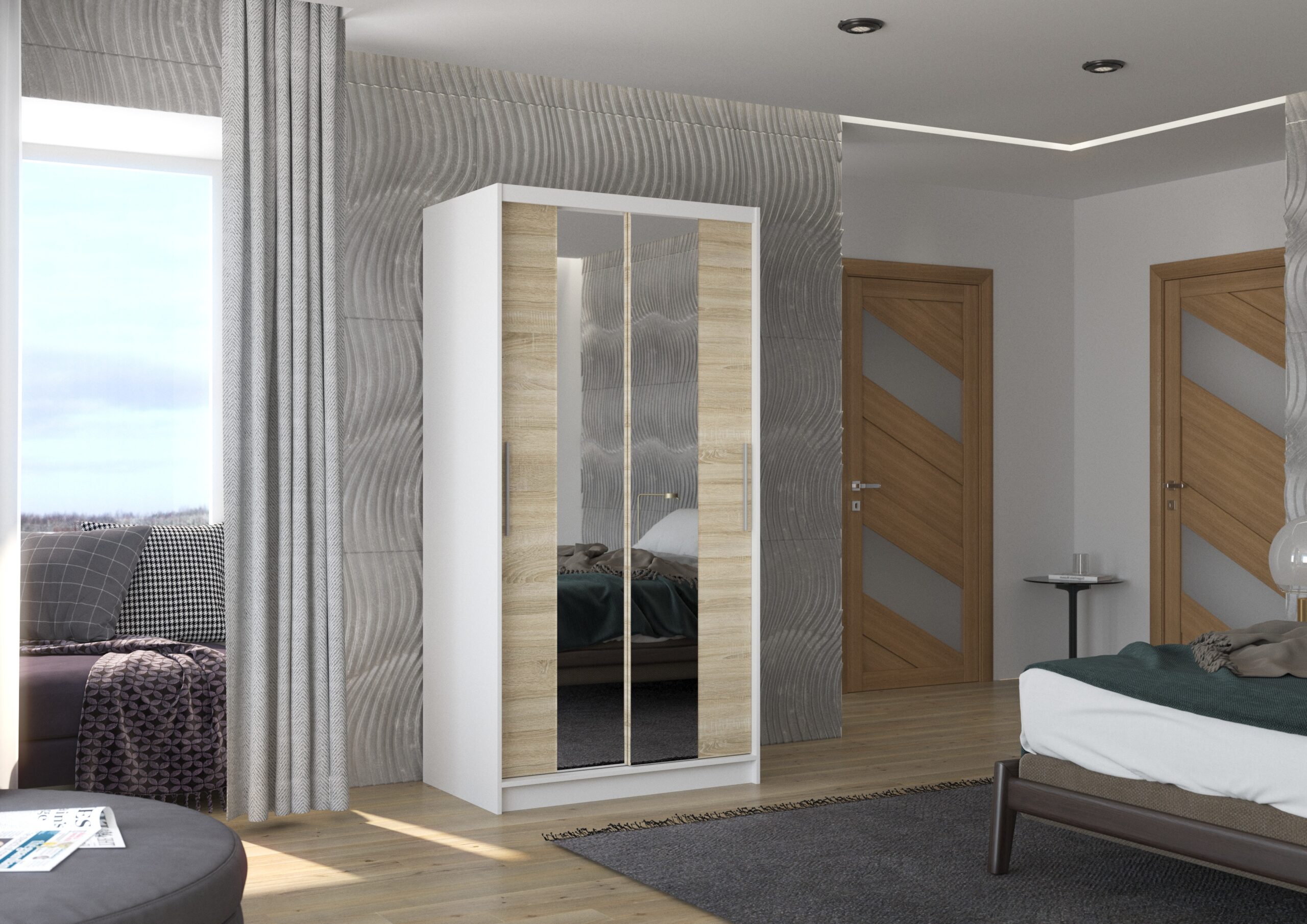 Tolóajtós gardrób Biztonsági tükrös tolóajtós szekrény DRAGONIS 100 - Fehér Biztonsági tükrös tolóajtós szekrény DRAGONIS 100