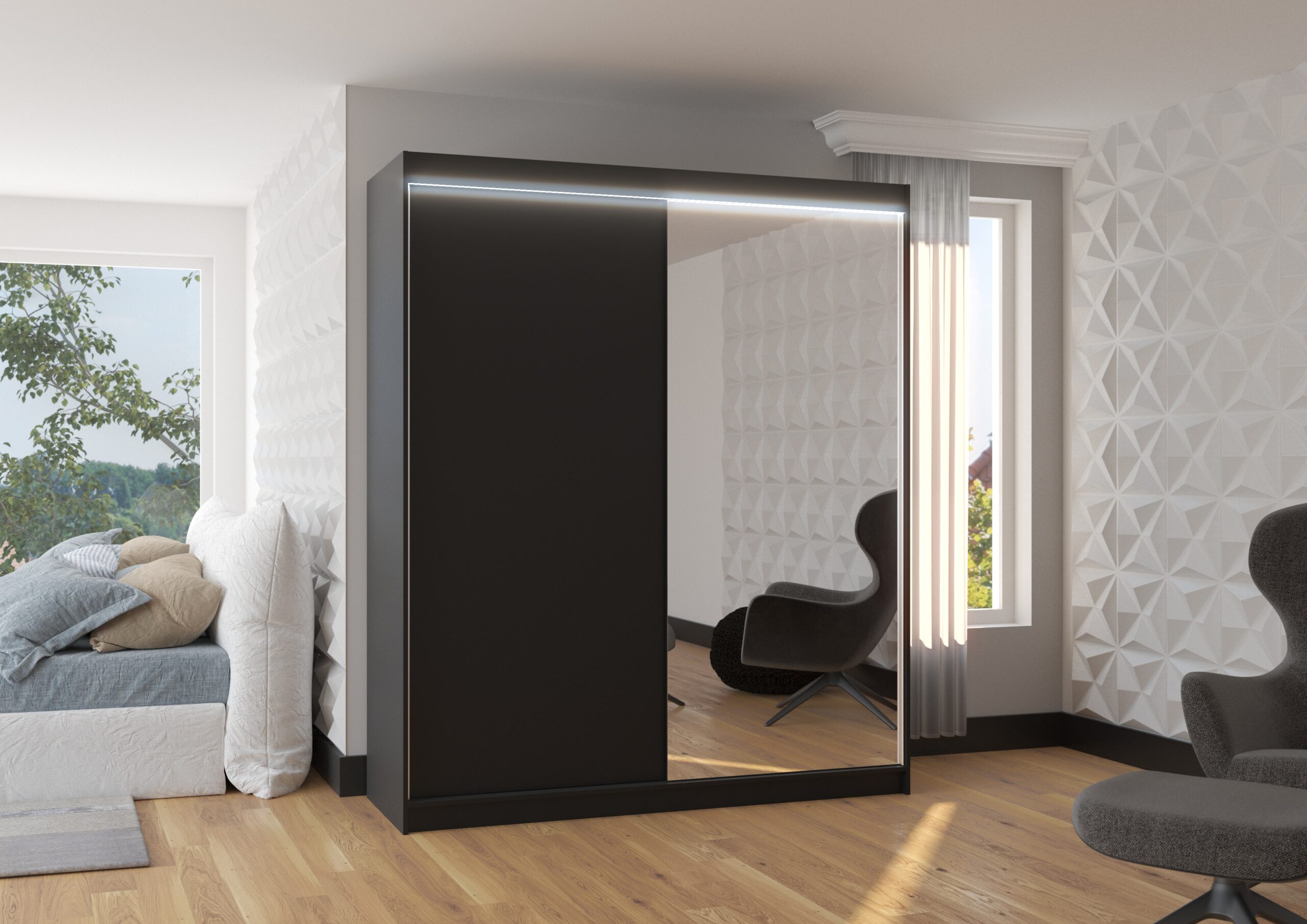 Tolóajtós gardrób Tolóajtós szekrény tükörrel és LED világítással VIKI 180 - Fekete Tolóajtós szekrény tükörrel és LED világítással VIKI 180