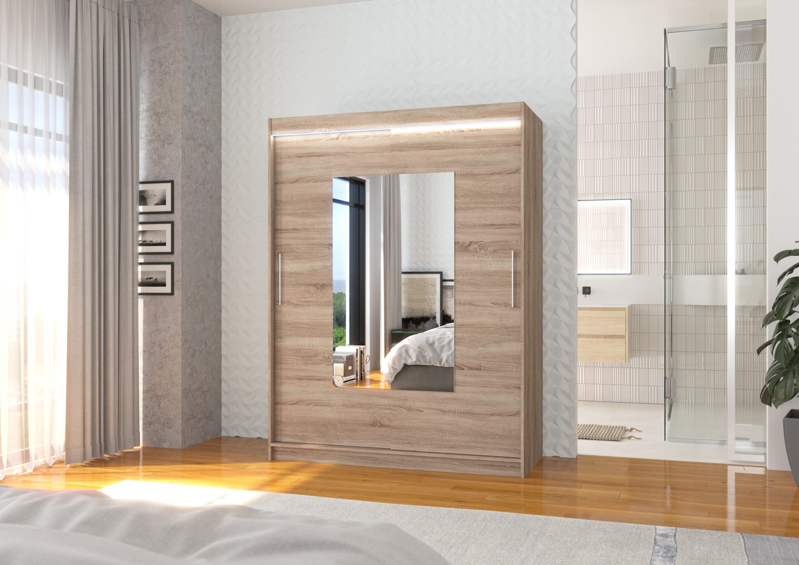 Tolóajtós gardrób Tükörrel és LED világítással ellátott tolóajtós szekrény DORRIGO 150 - Trüffel Tükörrel és LED világítással ellátott tolóajtós szekrény DORRIGO 150