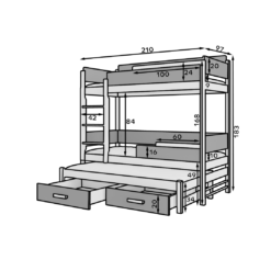 Emeletes ágy Háromszemélyes emeletes ágy Queen méretű matraccal 200x90 - Grafitszürke