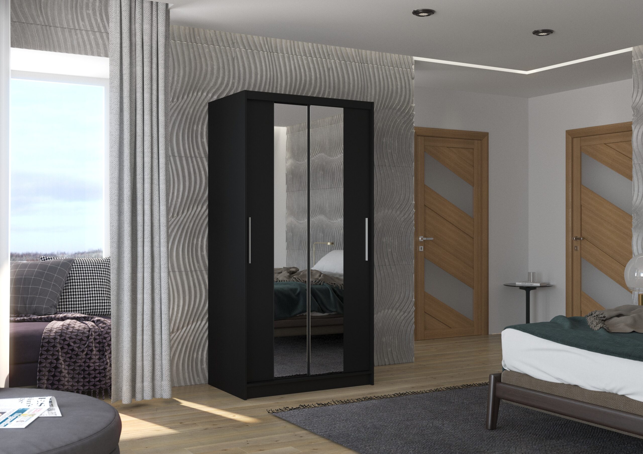 Tolóajtós gardrób Biztonsági tükrös tolóajtós szekrény DRAGONIS 100 - Fekete Biztonsági tükrös tolóajtós szekrény DRAGONIS 100