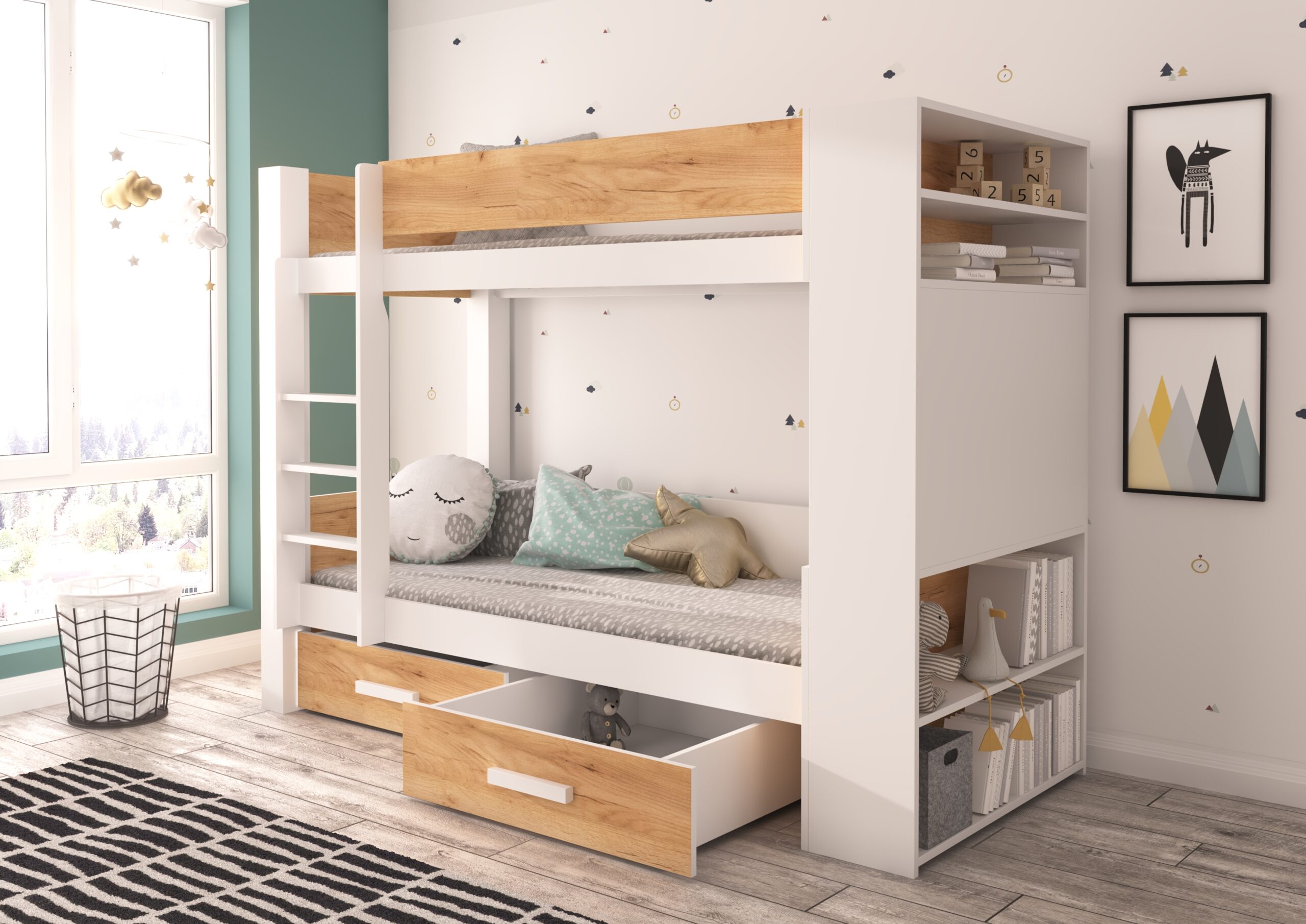 Emeletes ágy GARET emeletes dupla ágy matraccal 200x90 - Fehér GARET emeletes dupla ágy matraccal 200x90