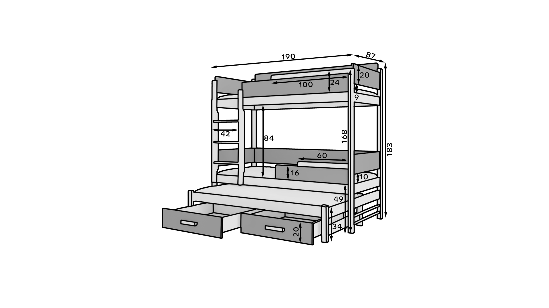 Emeletes ágy Háromszemélyes emeletes ágy Queen méretben 180x80 - Természetes fenyő Emeletes ágy Háromszemélyes emeletes ágy Queen méretben 180x80 - Természetes fenyő - Image 3