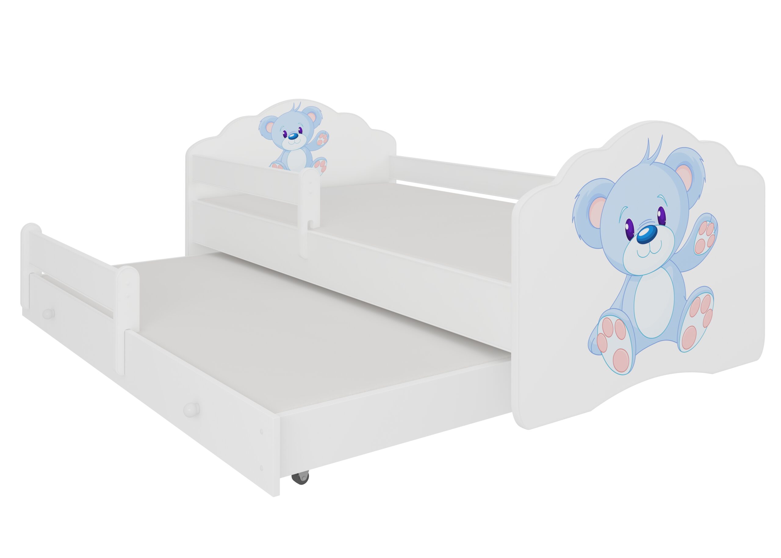 Gyerekágy Kétszemélyes ágy korláttal és matracokkal CASIMO II BLUE BEAR 160x80 - Fehér Fehér