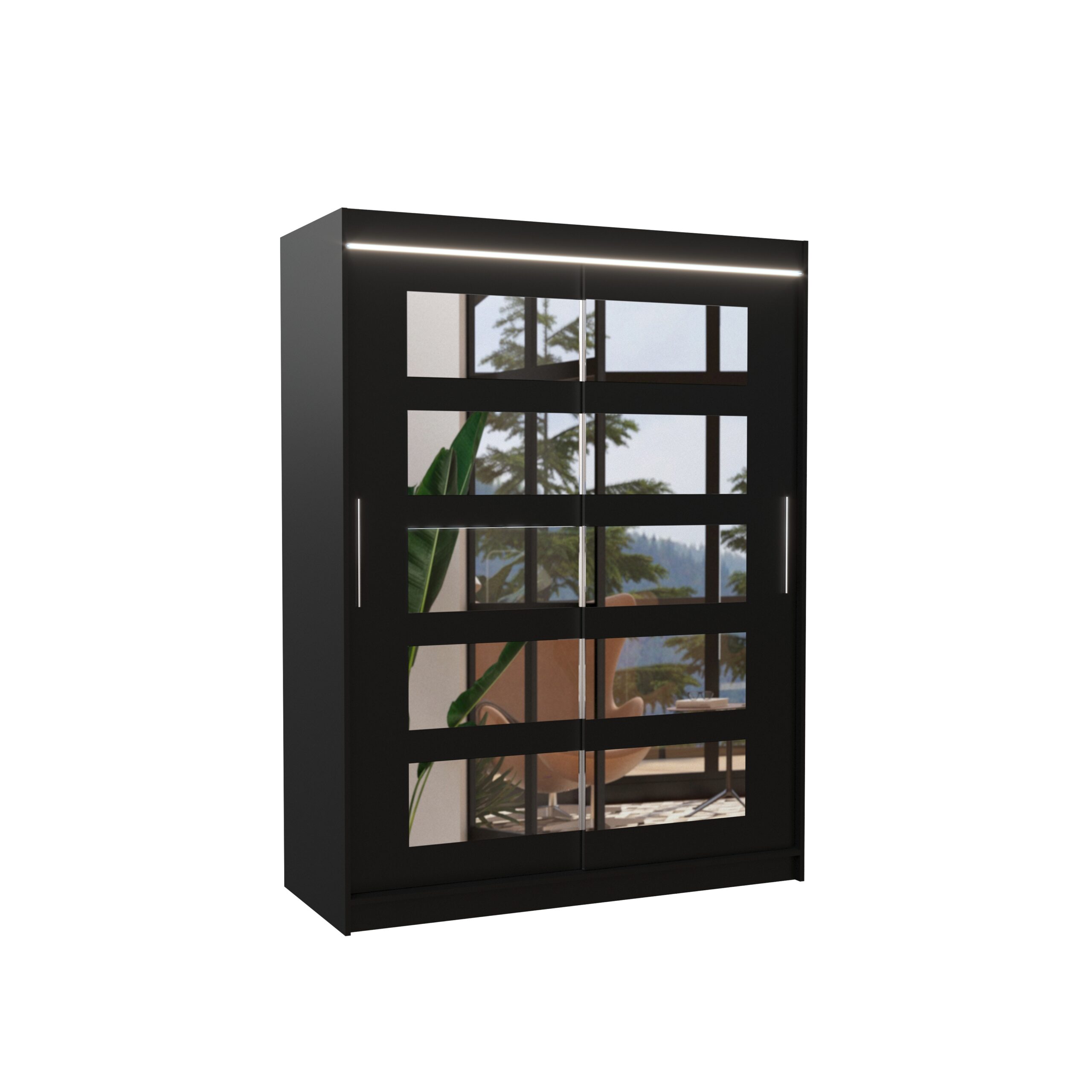 Tolóajtós gardrób Tükörrel és LED világítással ellátott tolóajtós szekrény MURANI 150 - Fekete Fekete
