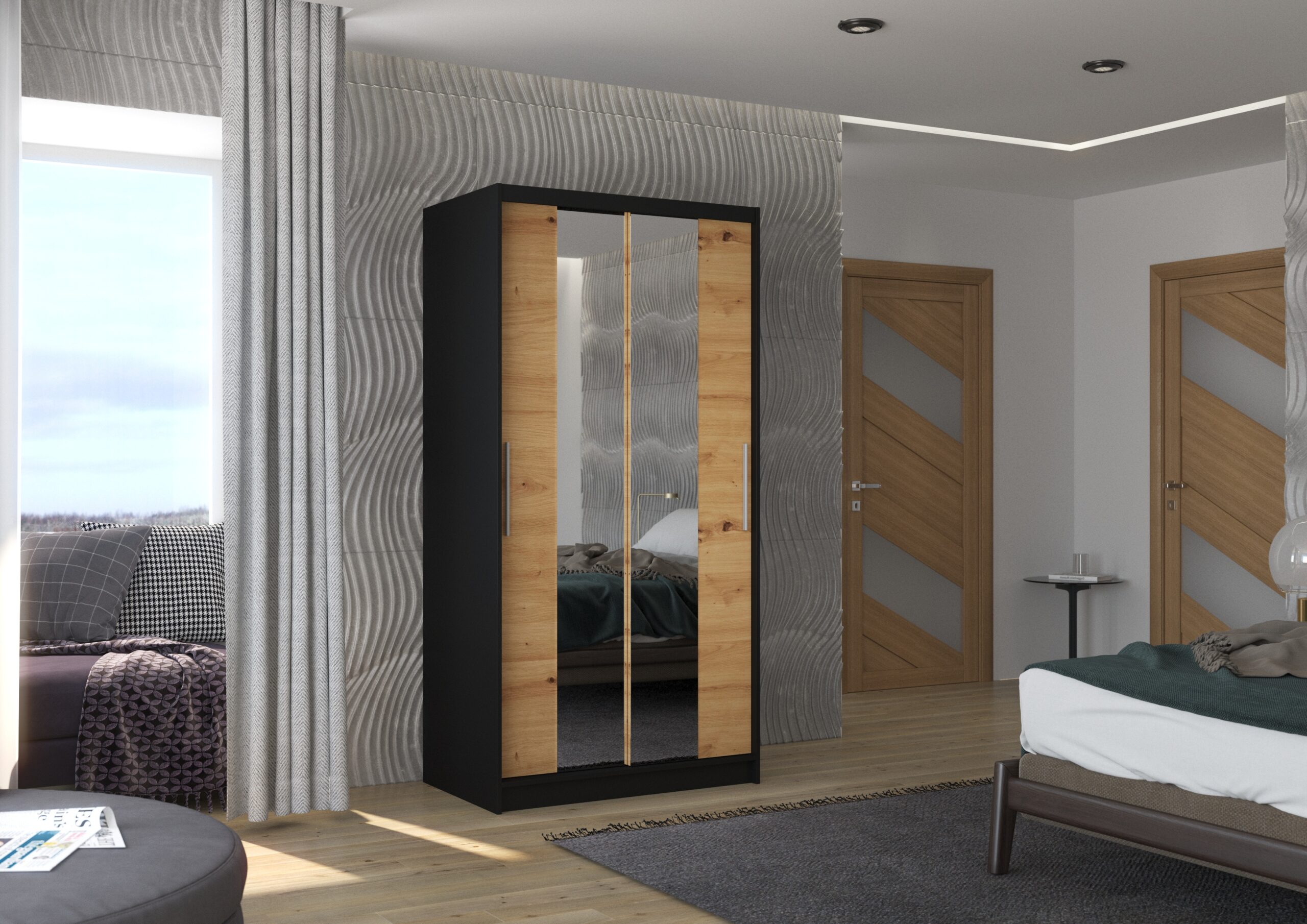 Tolóajtós gardrób Biztonsági tükrös tolóajtós szekrény DRAGONIS 100 - Fekete Biztonsági tükrös tolóajtós szekrény DRAGONIS 100