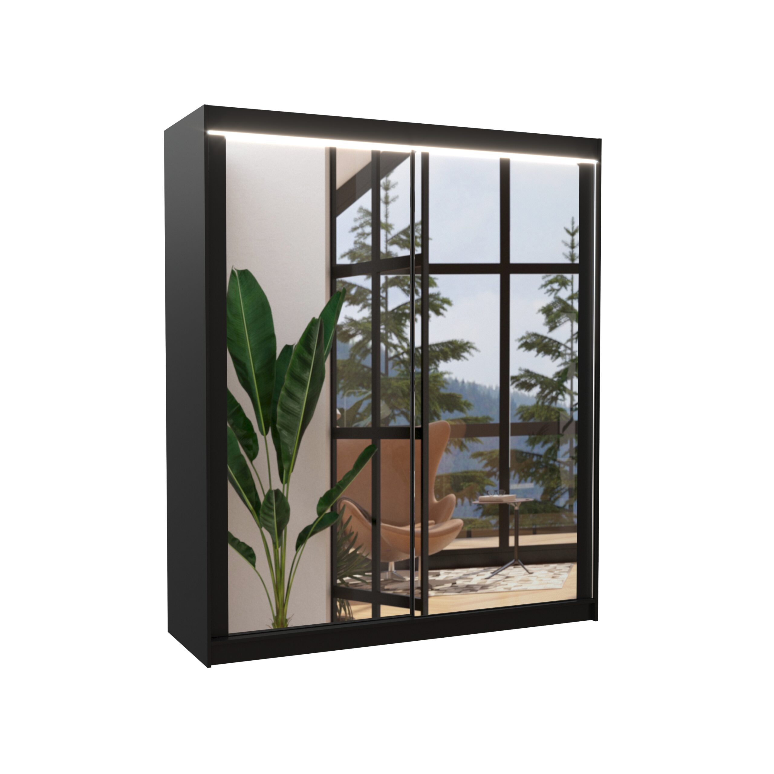 Tolóajtós gardrób Tolóajtós szekrény tükörrel és LED világítással MORGAN 180 - Fekete Fekete