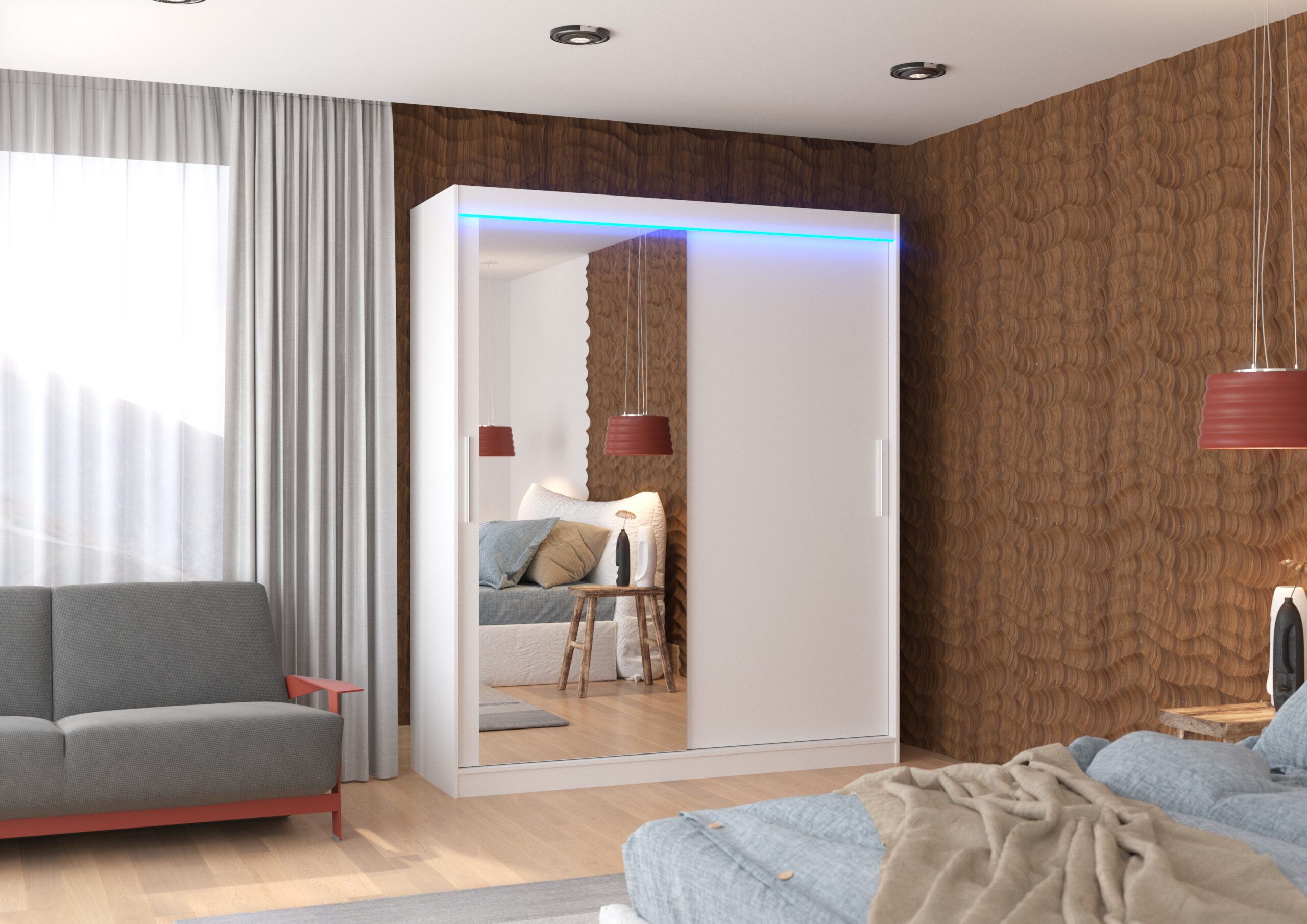 Tolóajtós gardrób Tolóajtós szekrény tükörrel és LED világítással TOM 180 - Fehér Tolóajtós szekrény tükörrel és LED világítással TOM 180