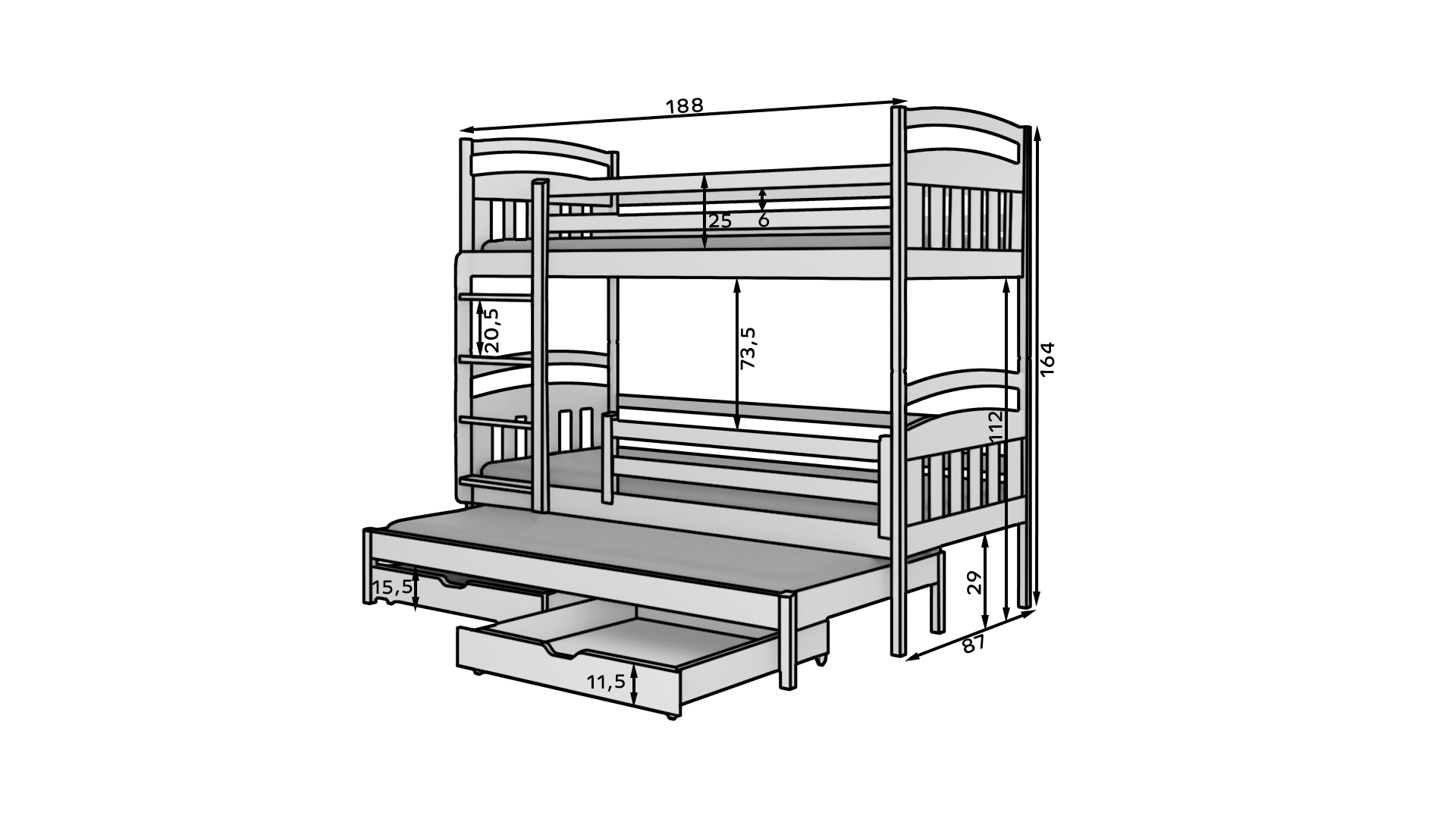 Emeletes ágy ALDO háromszemélyes emeletes ágy matraccal 180x80 - Fehér Emeletes ágy ALDO háromszemélyes emeletes ágy matraccal 180x80 - Fehér - Image 3