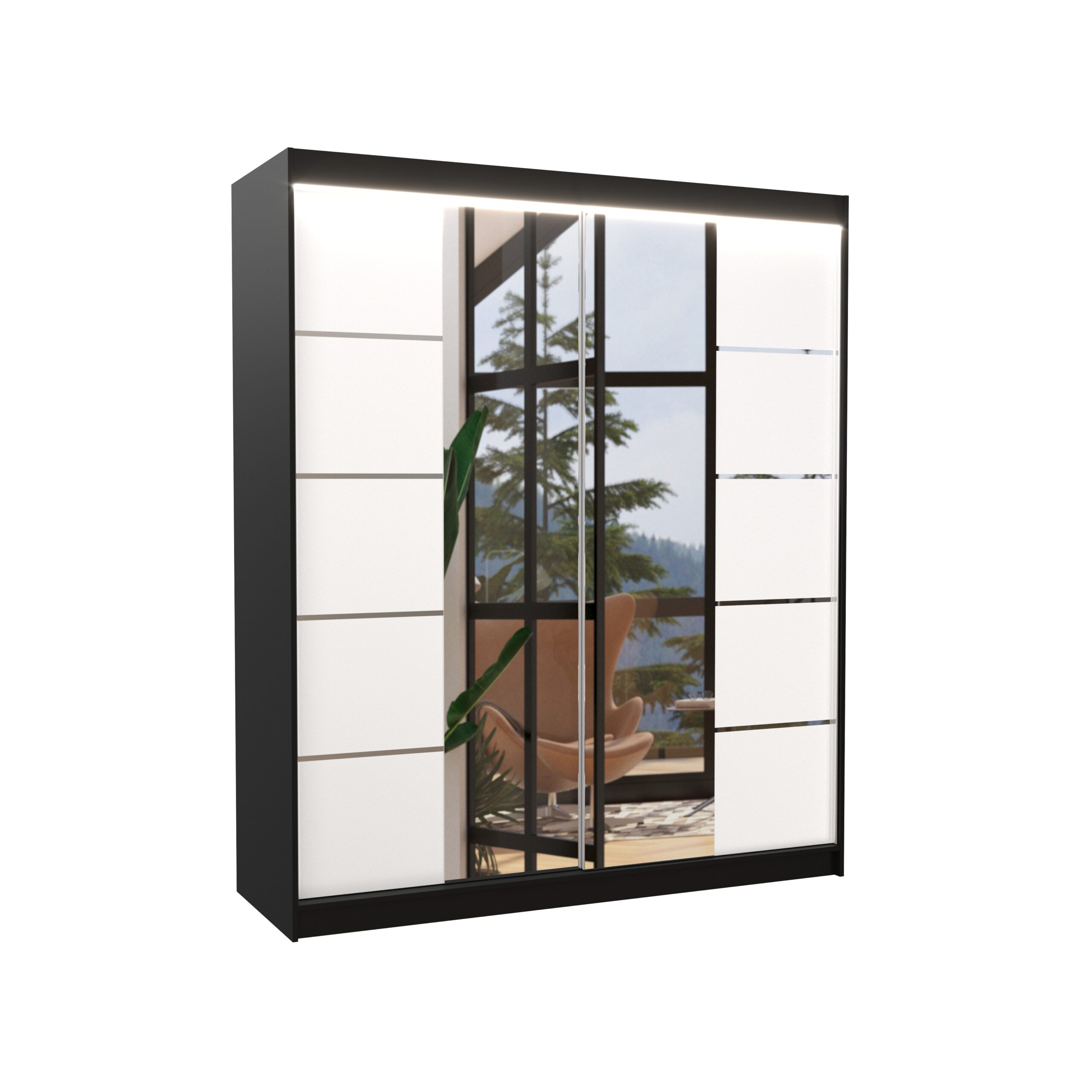 Tolóajtós gardrób Tolóajtós szekrény tükörrel és LED világítással TRAVES 180 - Fekete Fekete