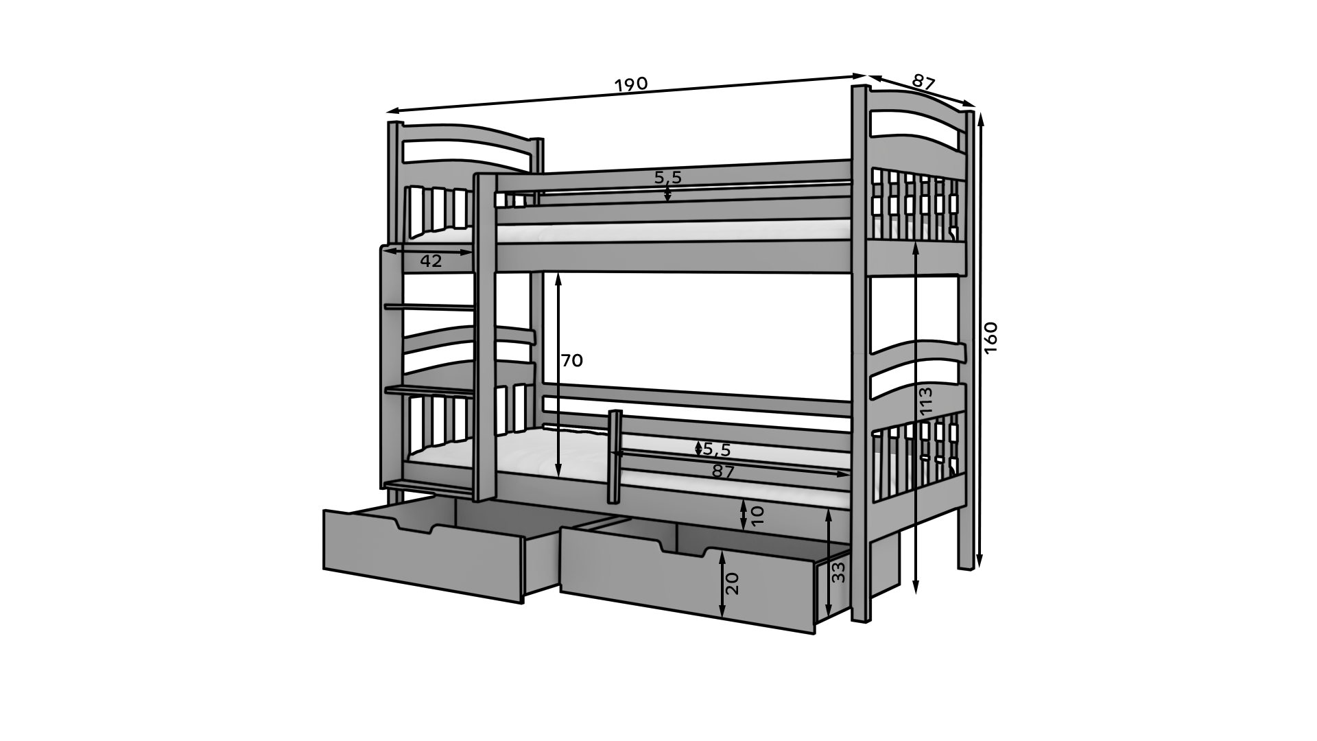 Emeletes ágy Kétszemélyes emeletes ágy matracokkal ADA 180x80 - Grafitszürke Emeletes ágy Kétszemélyes emeletes ágy matracokkal ADA 180x80 - Grafitszürke - Image 3