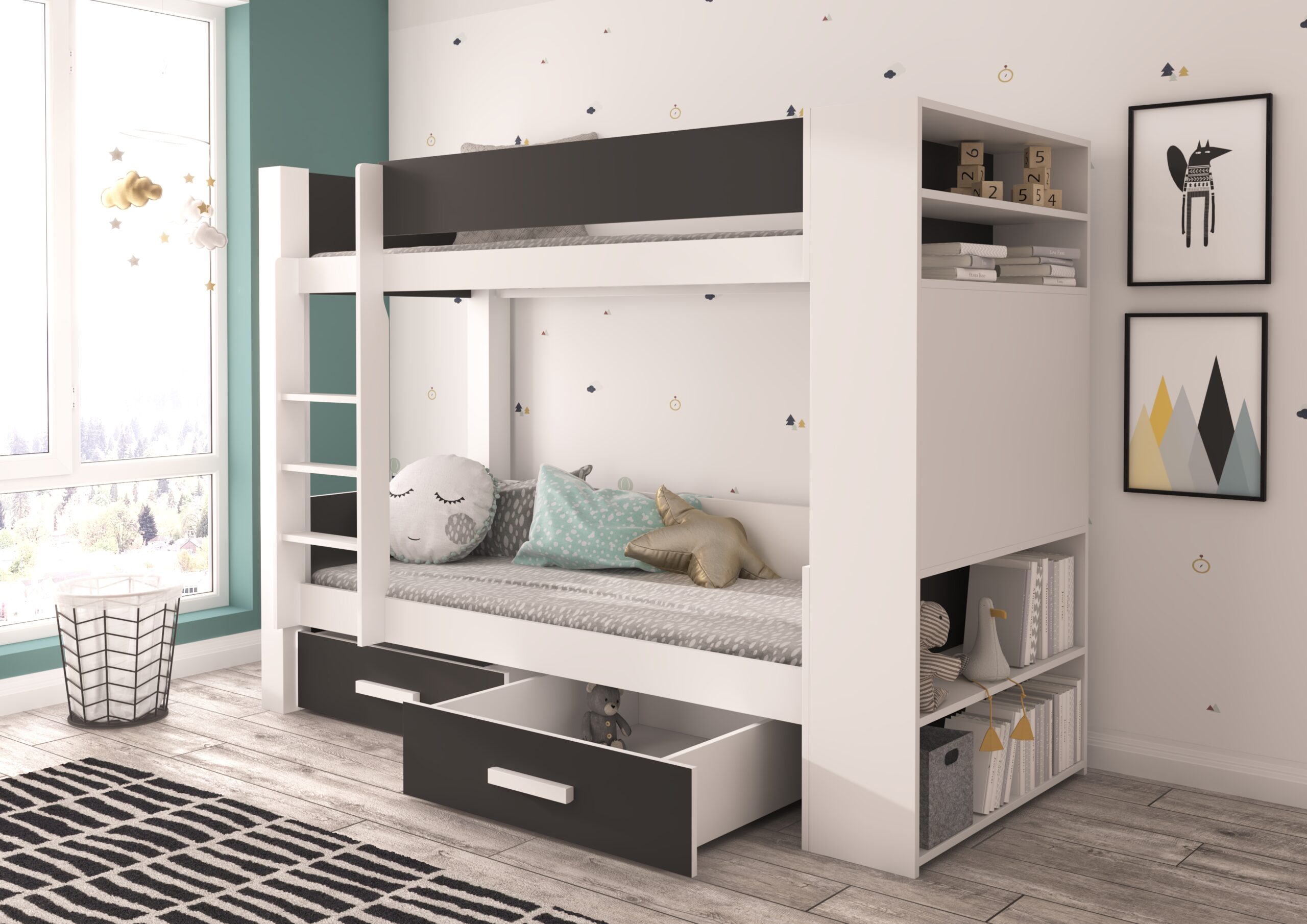 Emeletes ágy Két személyes emeletes ágy matracokkal GARET 180x80 - Fehér Két személyes emeletes ágy matracokkal GARET 180x80