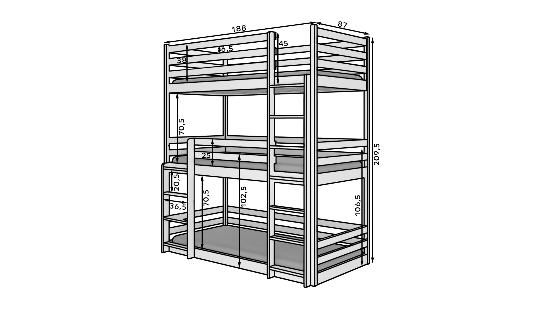 Emeletes ágy TEDRO háromszemélyes emeletes ágy 180x80 - Fenyő Emeletes ágy TEDRO háromszemélyes emeletes ágy 180x80 - Fenyő - Image 3