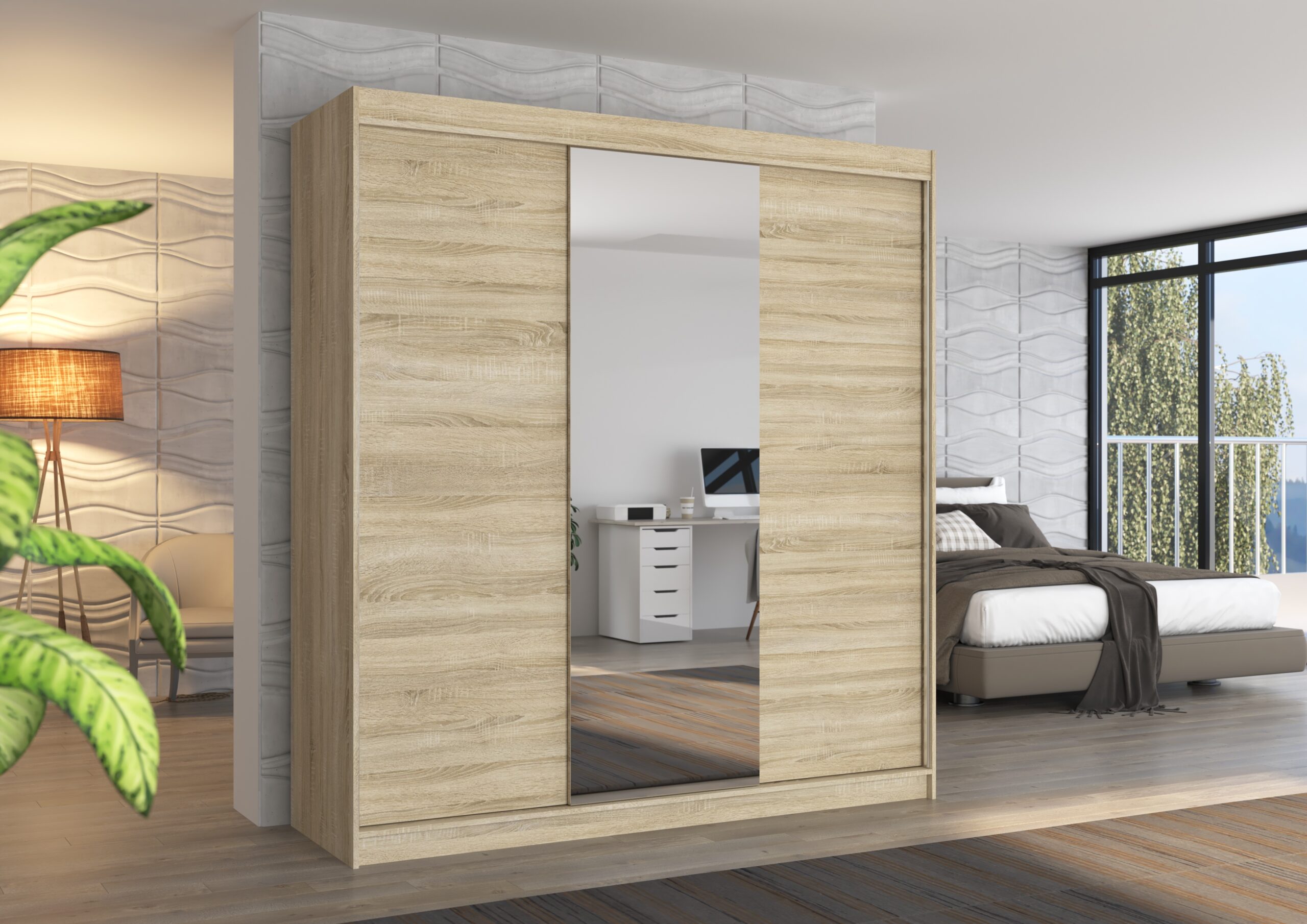 Tolóajtós gardrób Biztonsági tükrös tolóajtós szekrény SANTIAGO 200 - Sonoma Biztonsági tükrös tolóajtós szekrény SANTIAGO 200