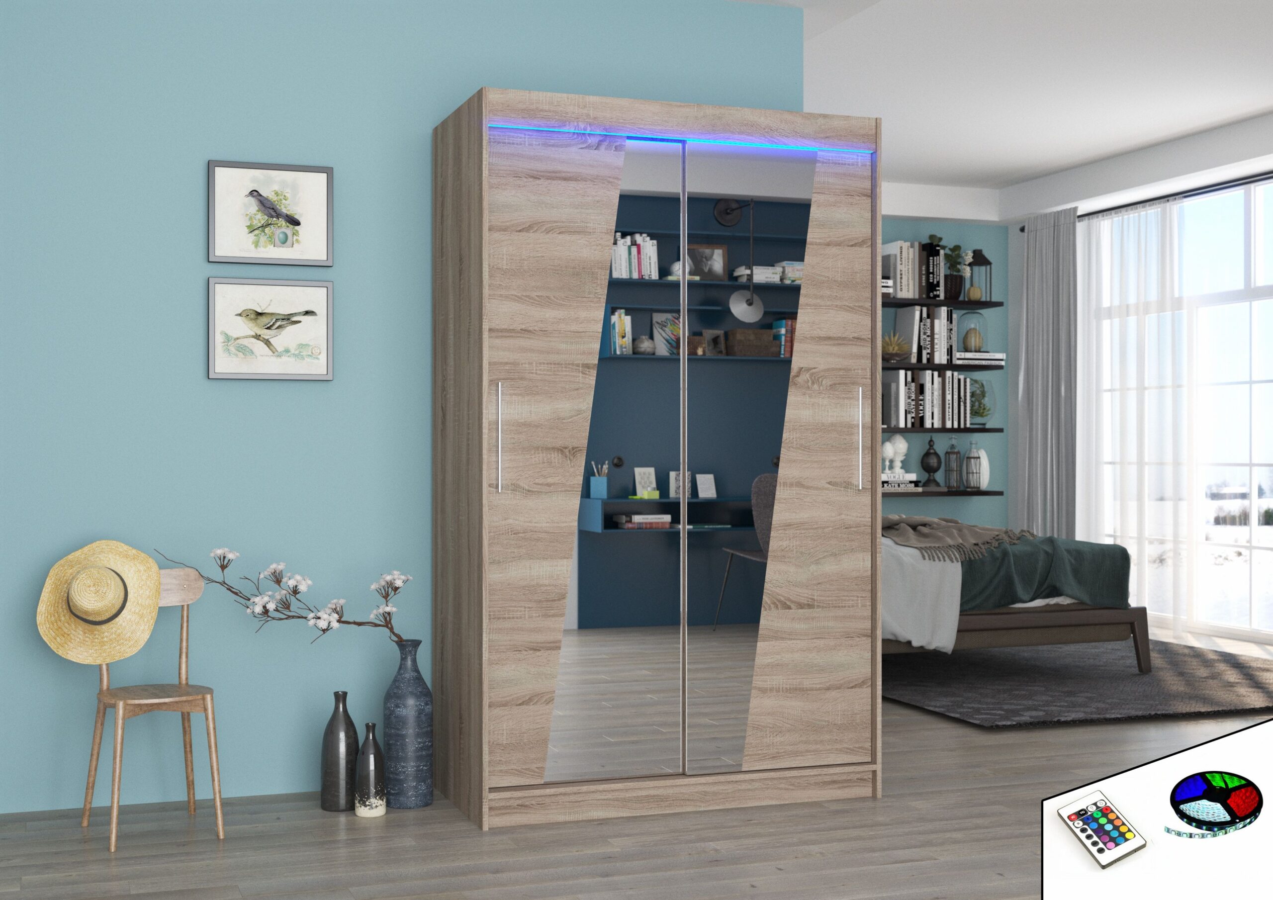 Tolóajtós gardrób Tükörrel és LED világítással ellátott tolóajtós szekrény TEXAS 120 - Trüffel Tükörrel és LED világítással ellátott tolóajtós szekrény TEXAS 120