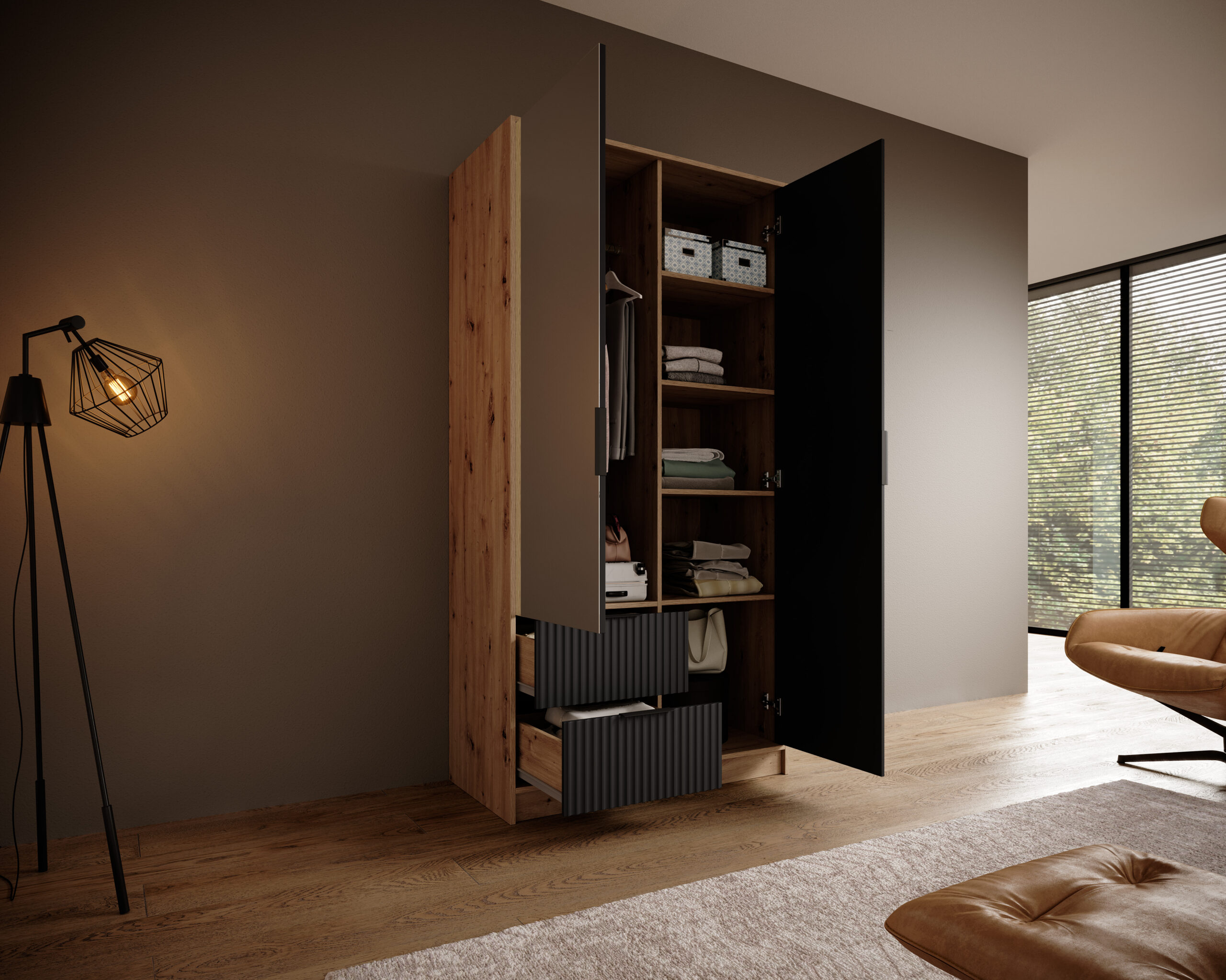 Modern gardrób szekrény fa hatású korpusszal, nyitott ajtókkal és fiókokkal