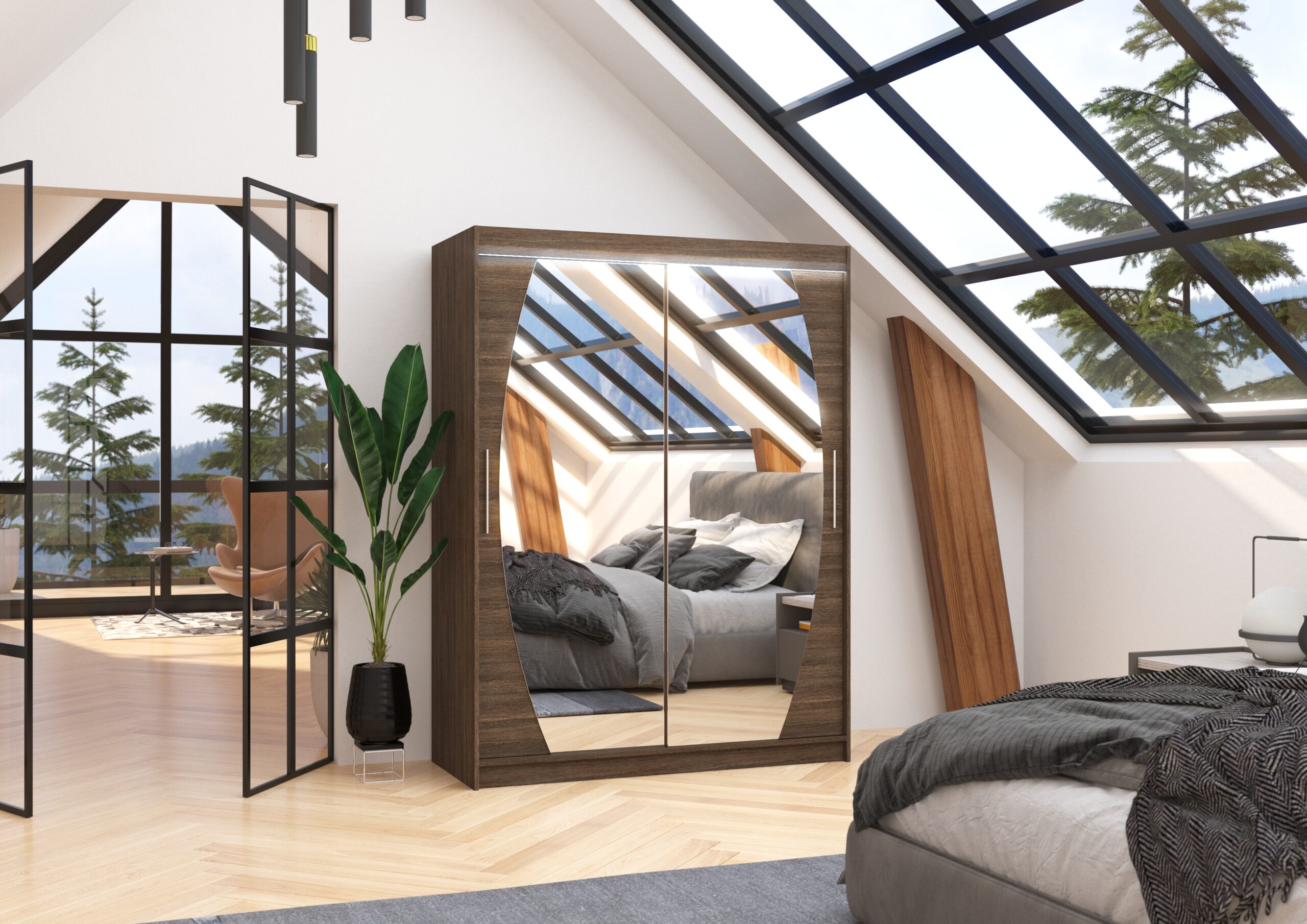 Tolóajtós gardrób Tükörrel és LED világítással ellátott tolóajtós szekrény ALEN 150 - Csoki Tükörrel és LED világítással ellátott tolóajtós szekrény ALEN 150