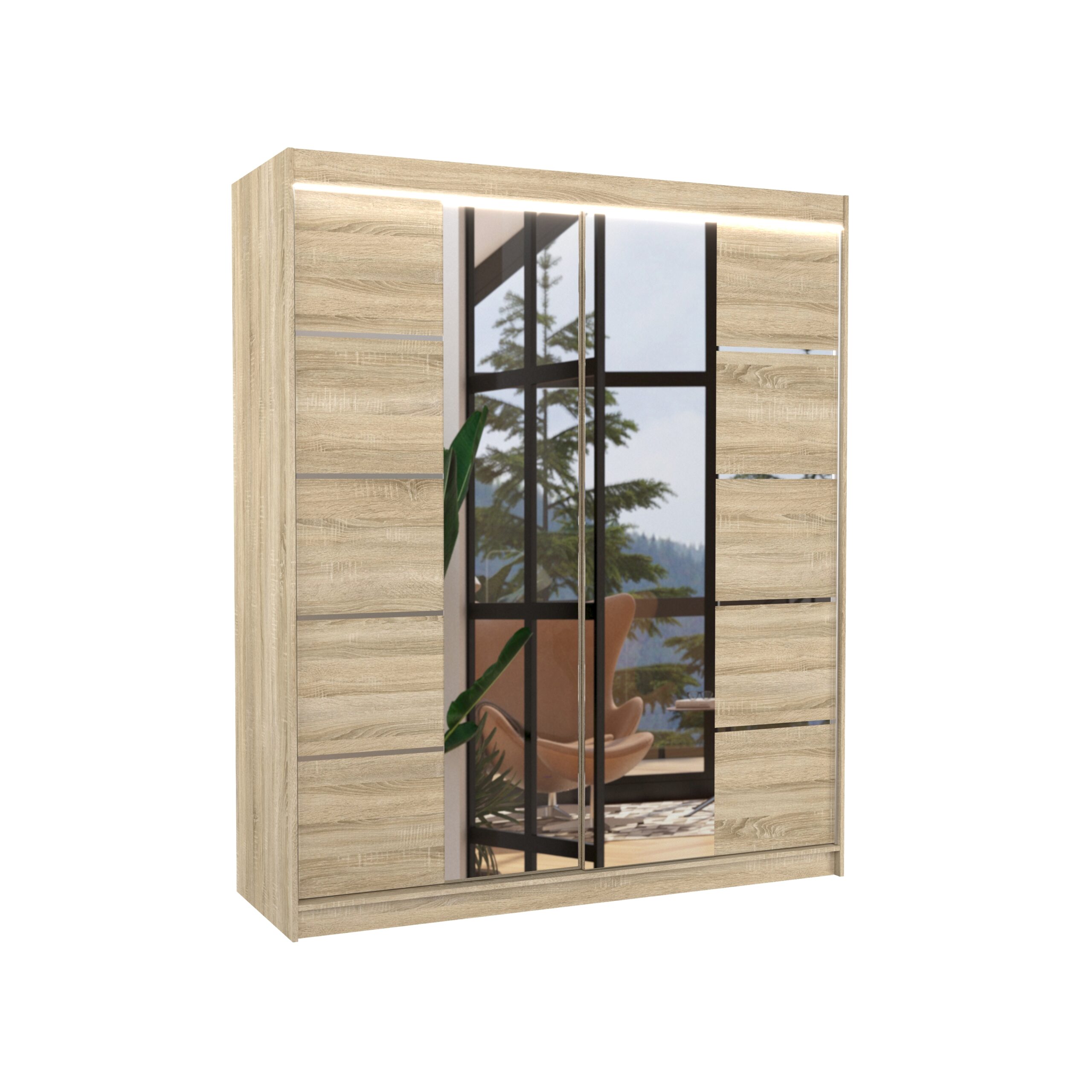 Tolóajtós gardrób Tolóajtós szekrény tükörrel és LED világítással TRAVES 180 - Sonoma Sonoma