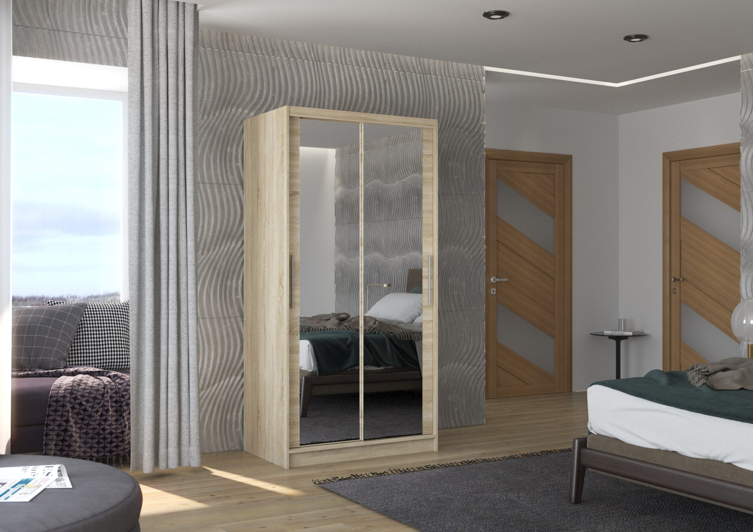 Tolóajtós gardrób Biztonsági tükrös tolóajtós szekrény NEVIO 100 - Sonoma Biztonsági tükrös tolóajtós szekrény NEVIO 100