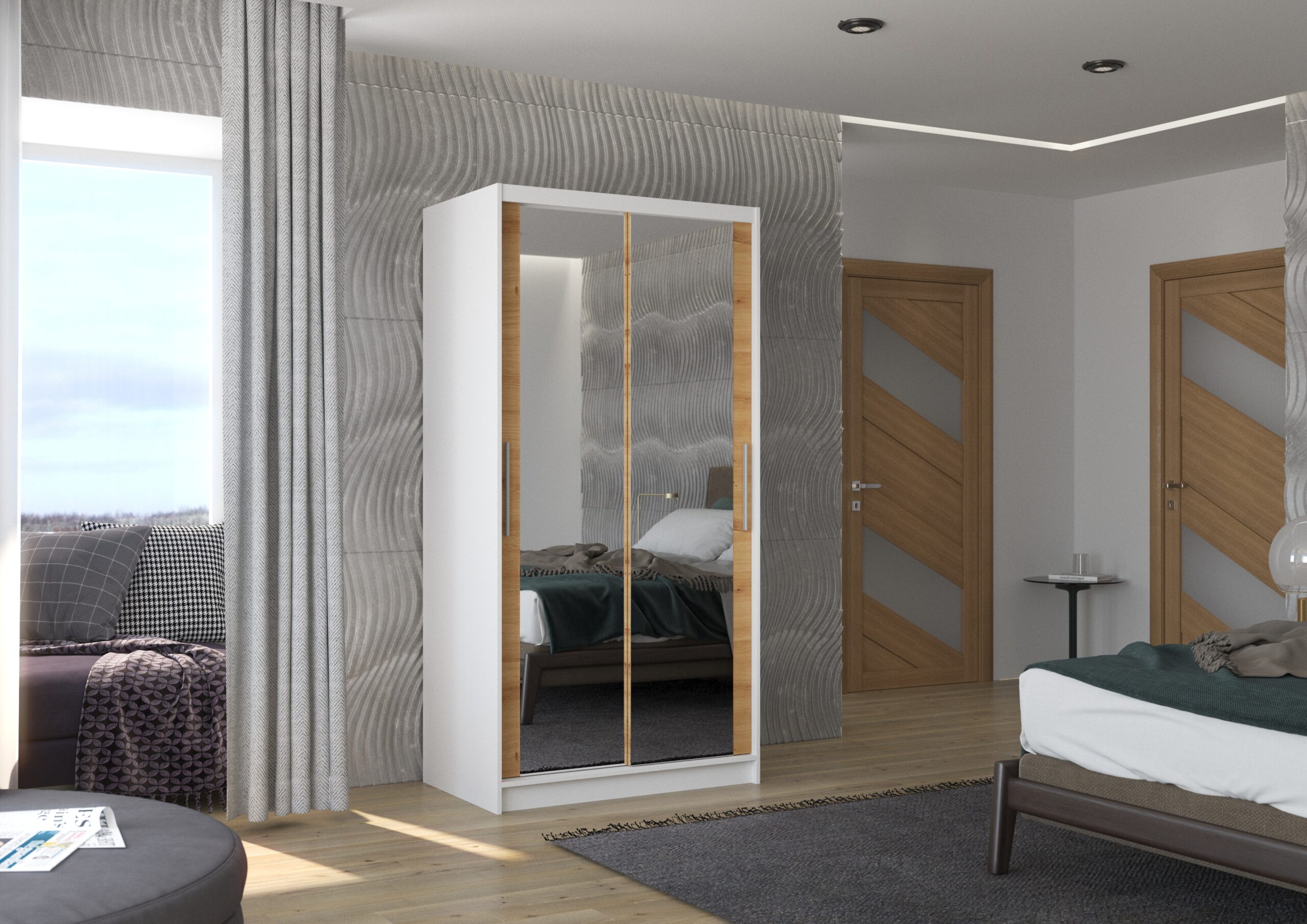 Tolóajtós gardrób Biztonsági tükrös tolóajtós szekrény NEVIO 100 - Fehér Biztonsági tükrös tolóajtós szekrény NEVIO 100