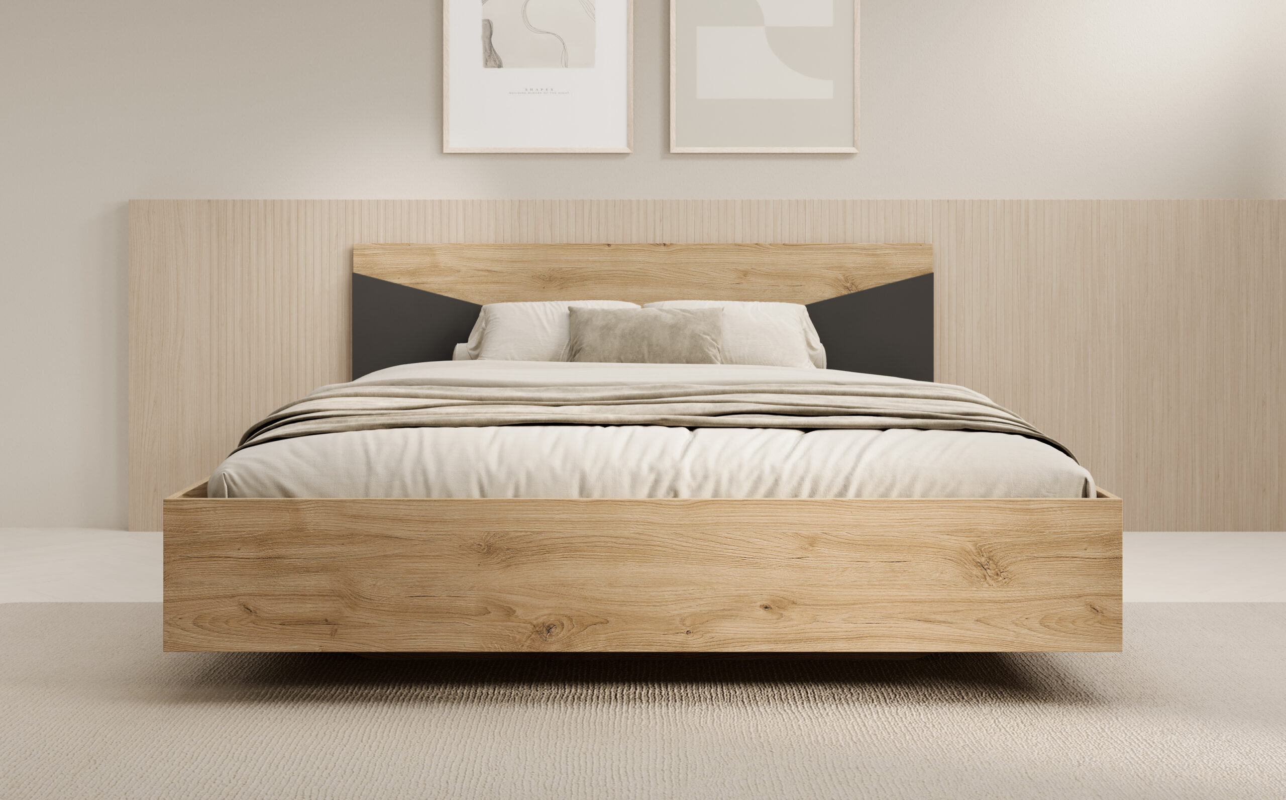 Hálószoba ágy tölgy színben, modern fejvéggel és fekete betéttel, letisztult enteriőrben