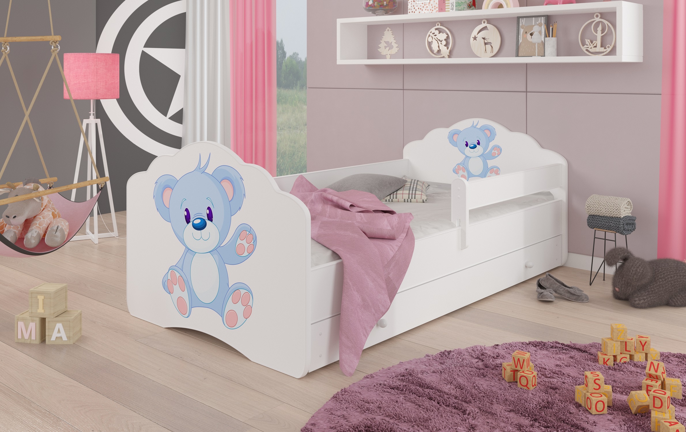 Gyerekágy Ágy matraccal, korláttal és fiókkal CASIMO BLUE BEAR 160x80 - Fehér Ágy matraccal