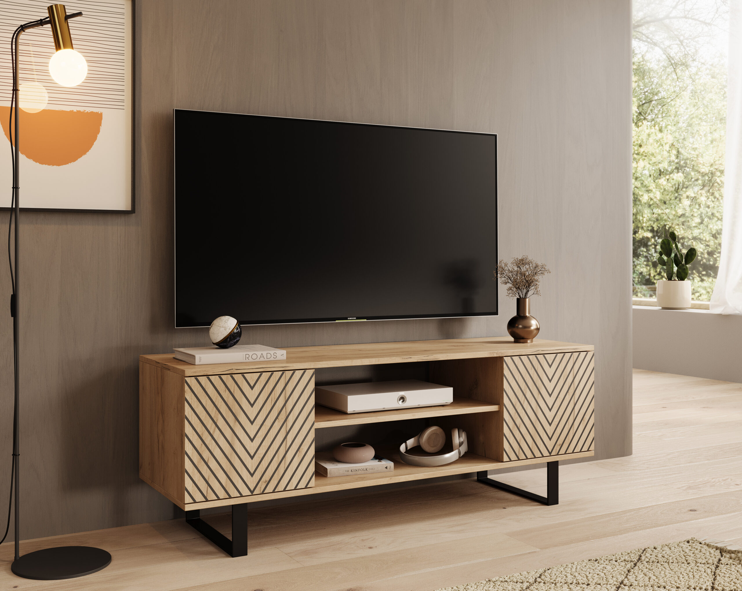 TV szekrény RTV szekrény Lorello Herringbone 135 cm - Craft tölgy Craft tölgy