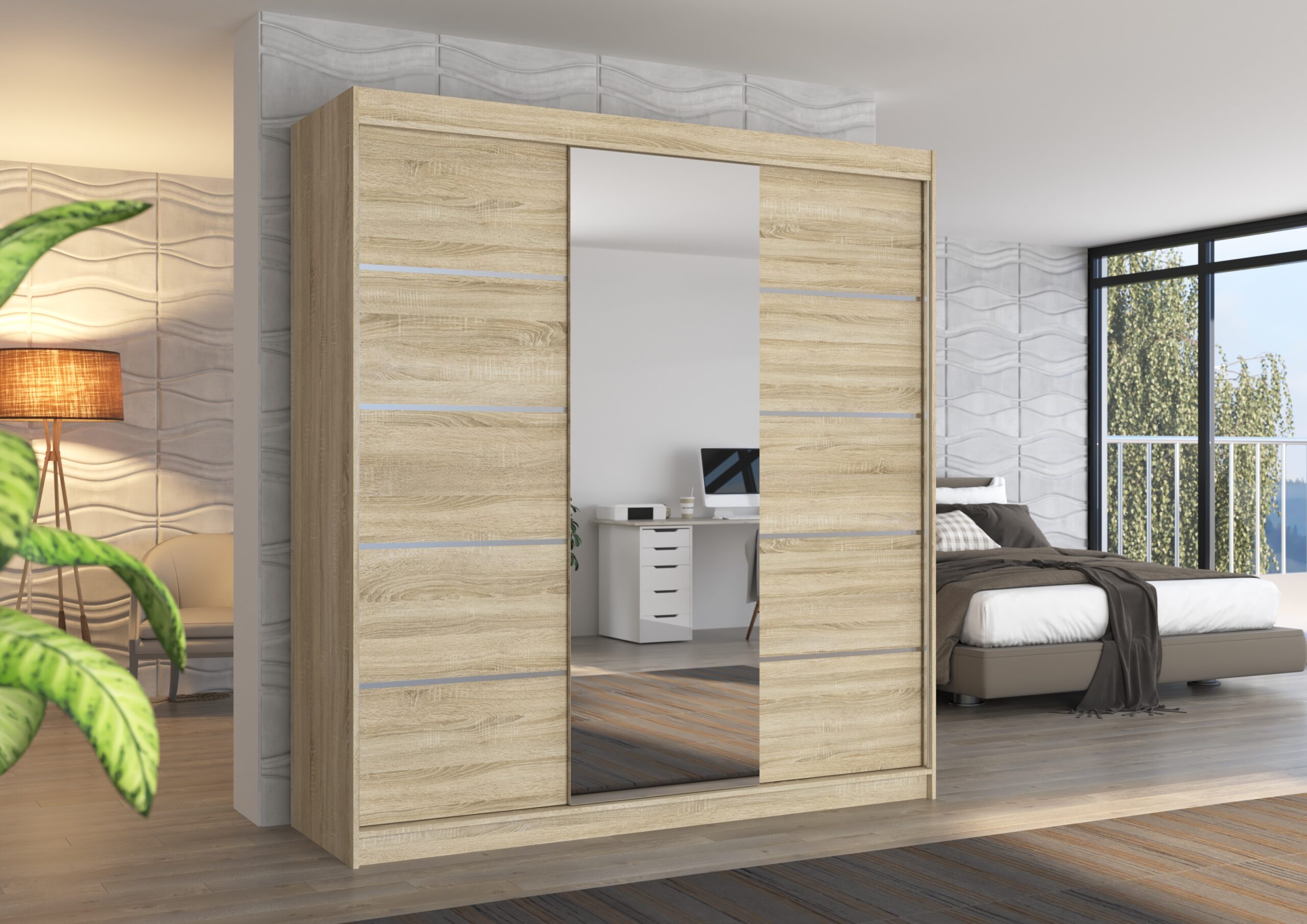 Tolóajtós gardrób Biztonsági tükrös tolóajtós szekrény BERGEN 200 - Sonoma Biztonsági tükrös tolóajtós szekrény BERGEN 200