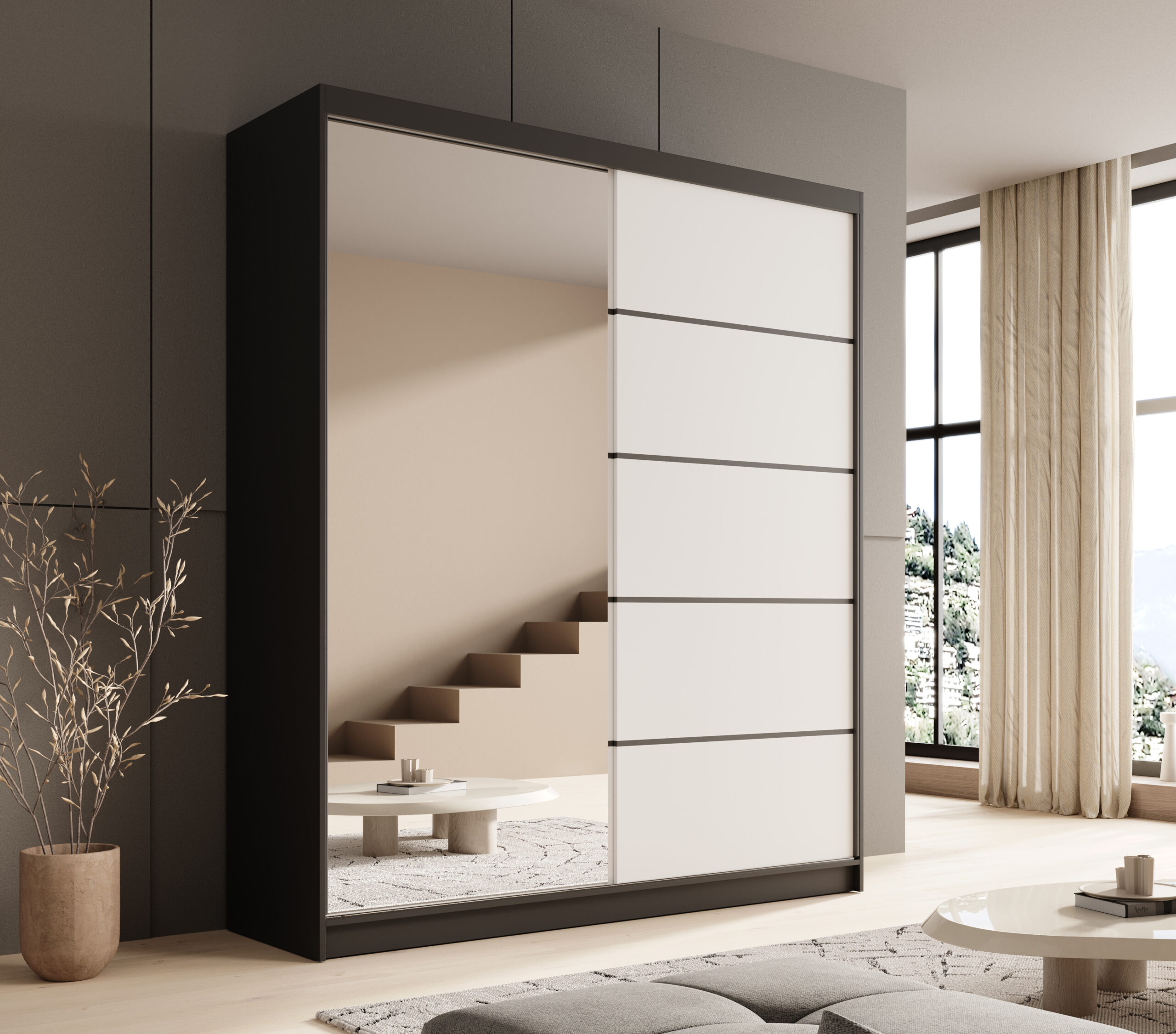 Tolóajtós gardrób Tolóajtós szekrény tükörrel Nico 180 - Fekete Fekete