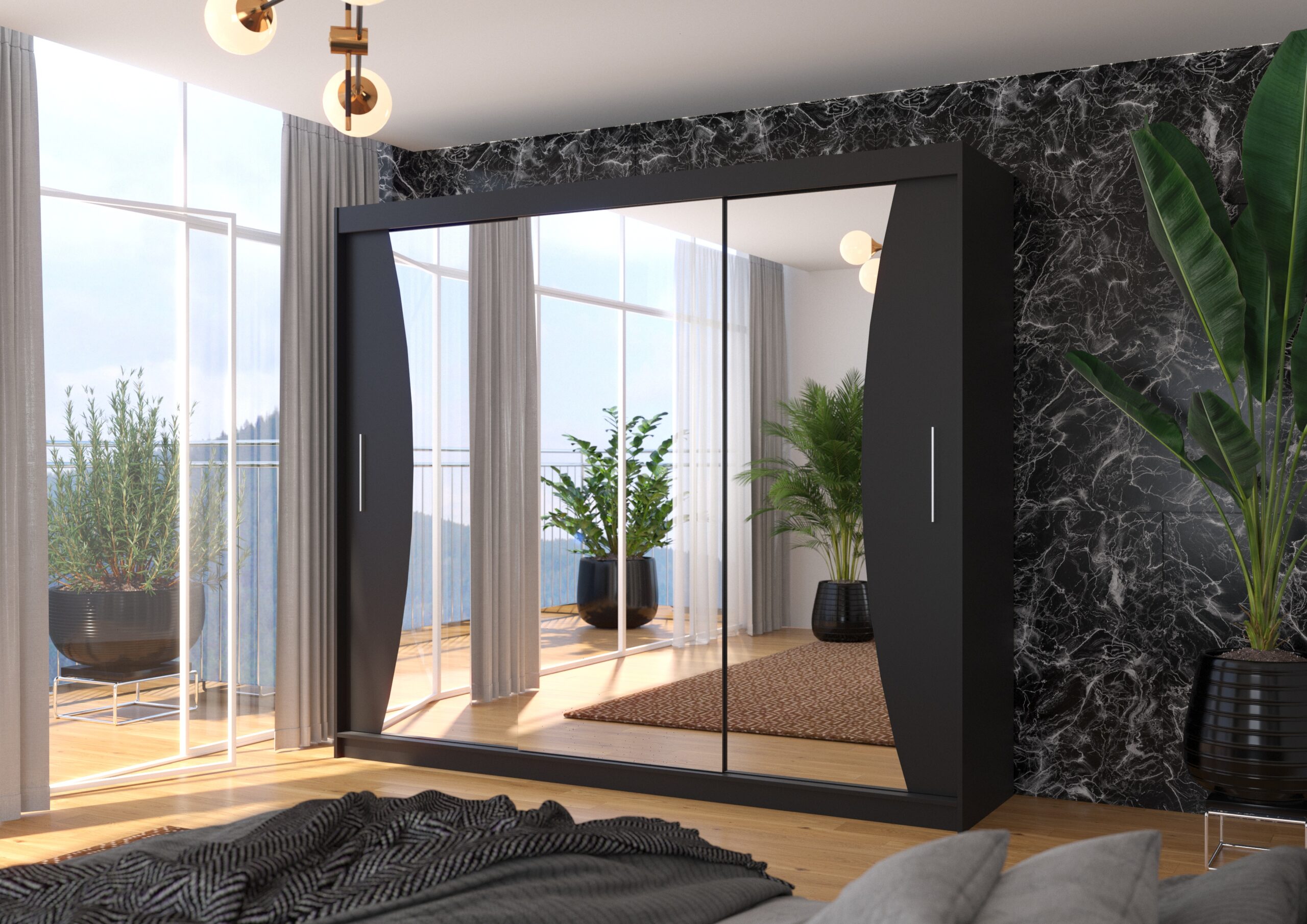 Tolóajtós gardrób Tükrös tolóajtós szekrény DIEGO 250 - Fekete Üveges tolóajtós szekrény DIEGO 250