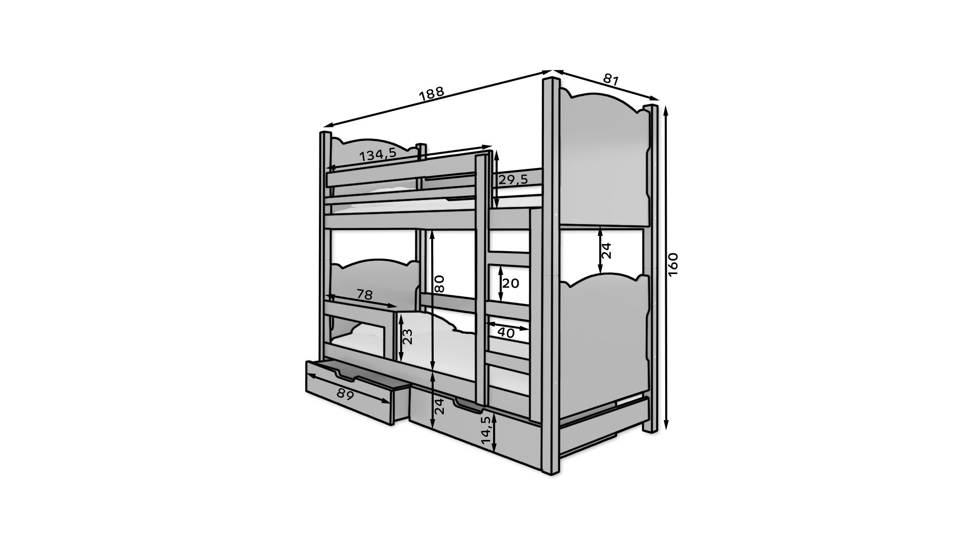 Gyerekágy Kétszemélyes emeletes ágy matracokkal MARABA - Fehér Gyerekágy Kétszemélyes emeletes ágy matracokkal MARABA - Fehér - Image 3