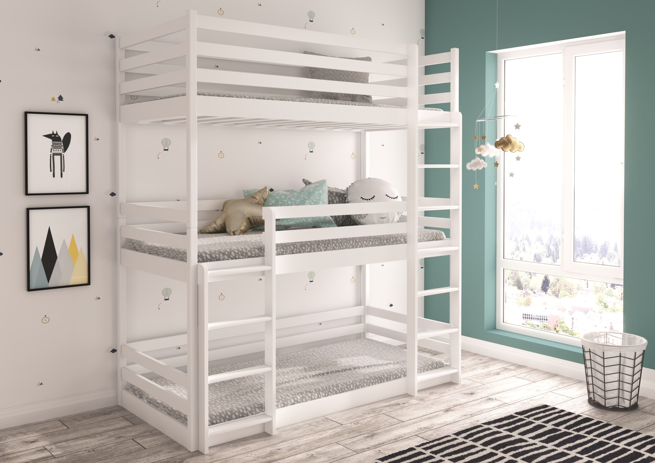 Emeletes ágy TEDRO háromszemélyes emeletes ágy matraccal 180x80 - Fehér TEDRO háromszemélyes emeletes ágy matraccal 180x80